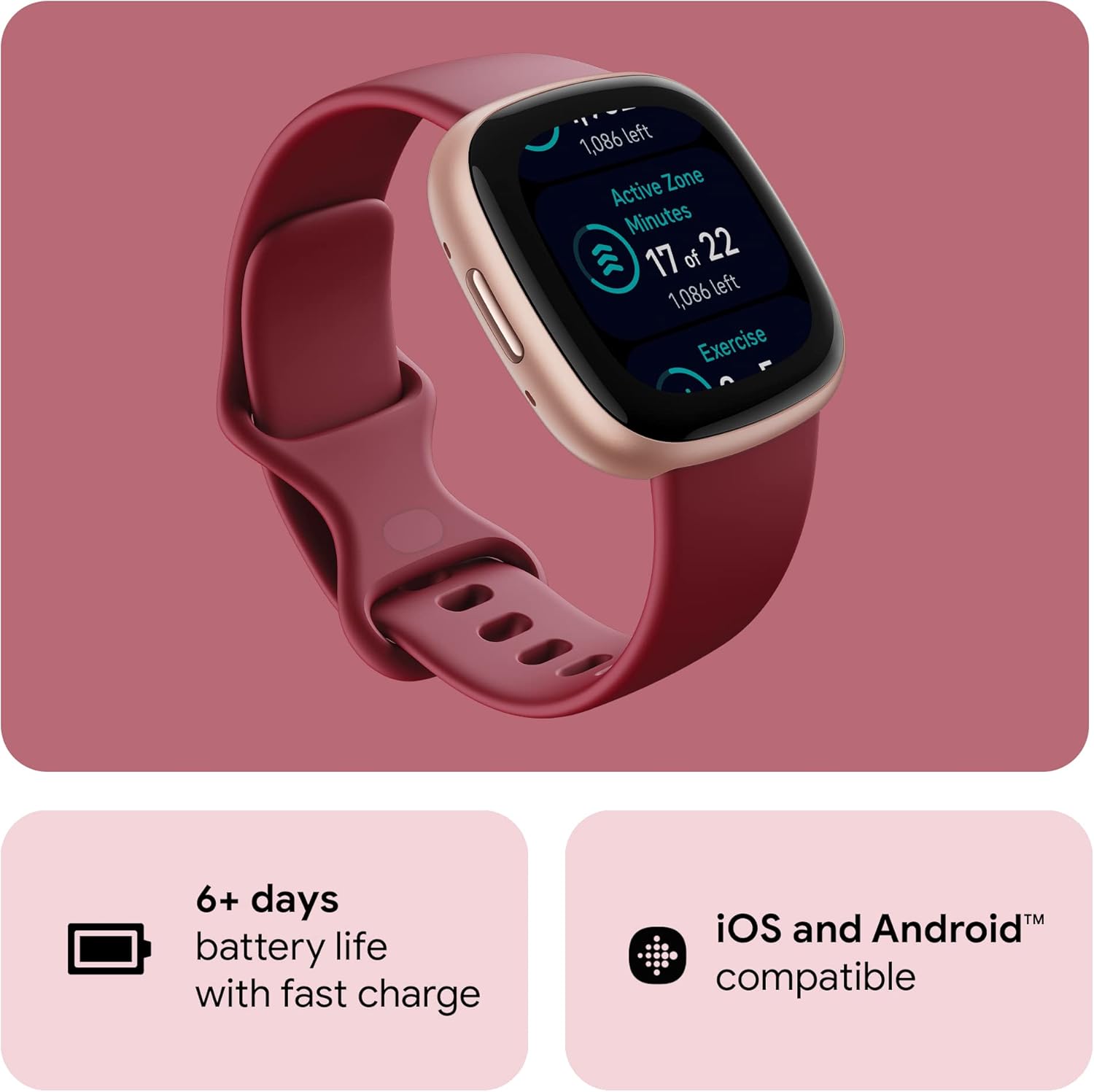 1,086 left Active Zone Minutes 17 of 22 1,086 left Exercise 6+ days battery life with fast charge iOS and Android compatible