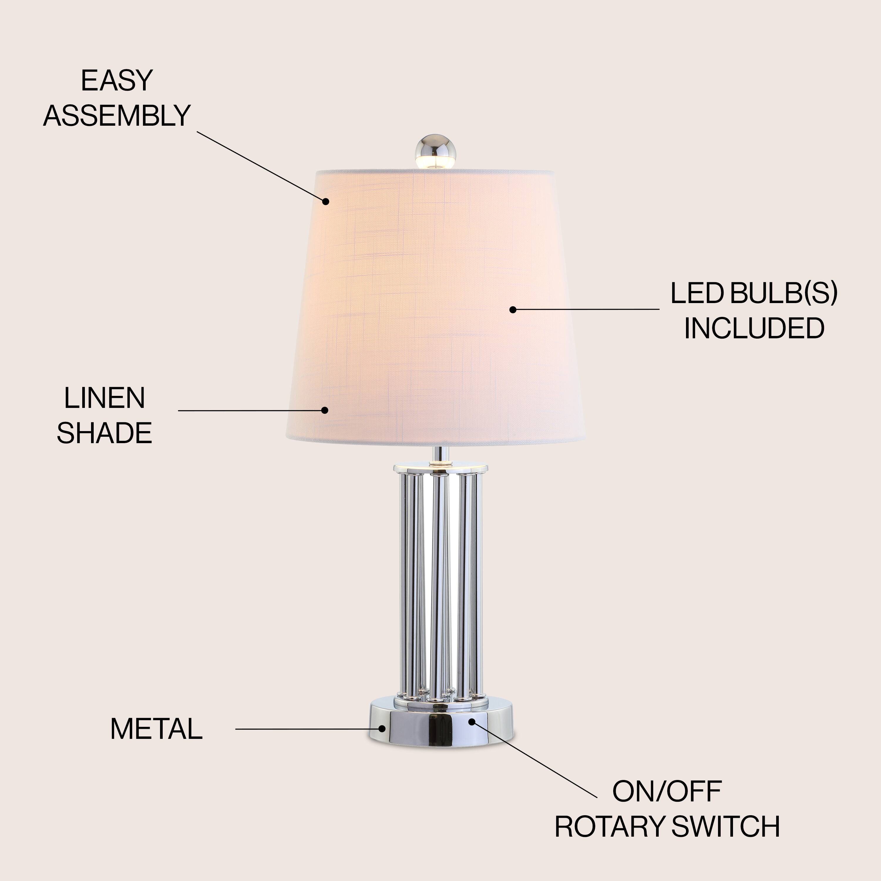 - EASY ASSEMBLY
- LINEN SHADE
- METAL
- LED BULB(S) INCLUDED
- ON/OFF ROTARY SWITCH