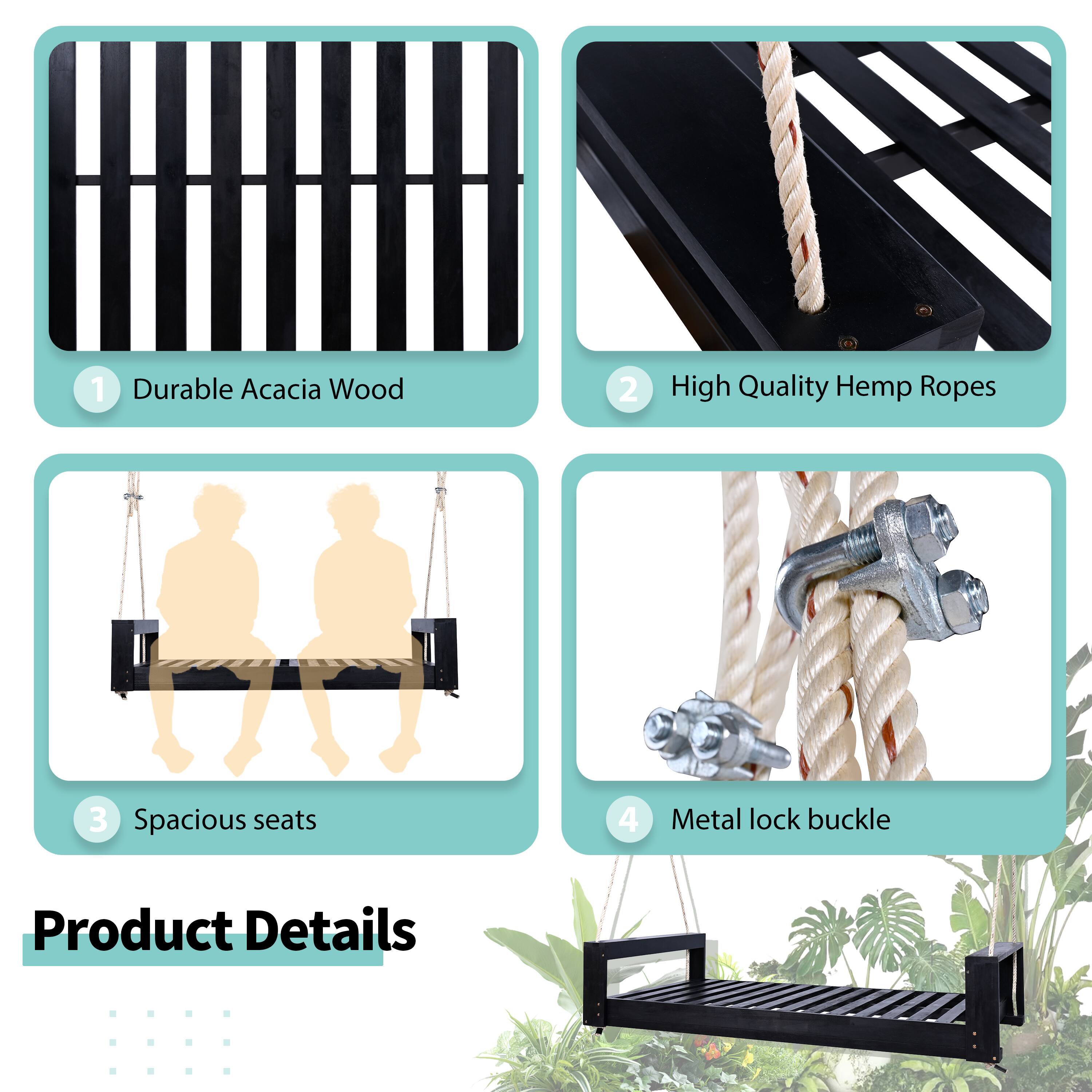 1. Durable Acacia Wood  
2. High Quality Hemp Ropes  
3. Spacious seats  
4. Metal lock buckle  

Product Details