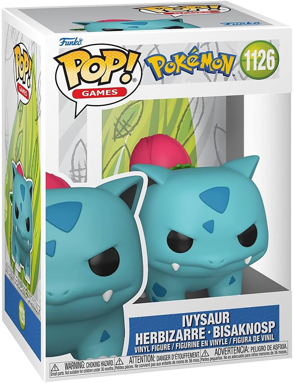 POP!  
Funko POP!  
PoKéMoN 1126  
GAMES  

IVYSAUR  
HERBIZARRE - BISAKNOSP  
VINYL FIGURE / FIGURINE EN VINYLE / FIGURA DE VINIL  

WARNING: CHOKING HAZARD.  
ATTENTION: DANGER D'ÉTOUFFEMENT.  
ADVERTENCIA: PELIGRO DE ASFIXIA.  
Not suitable for children under 36 months.  
Ne convient pas aux enfants de moins de 36 mois.  
Partes pequeñas. No es adecuado para niños menores de 36 meses.