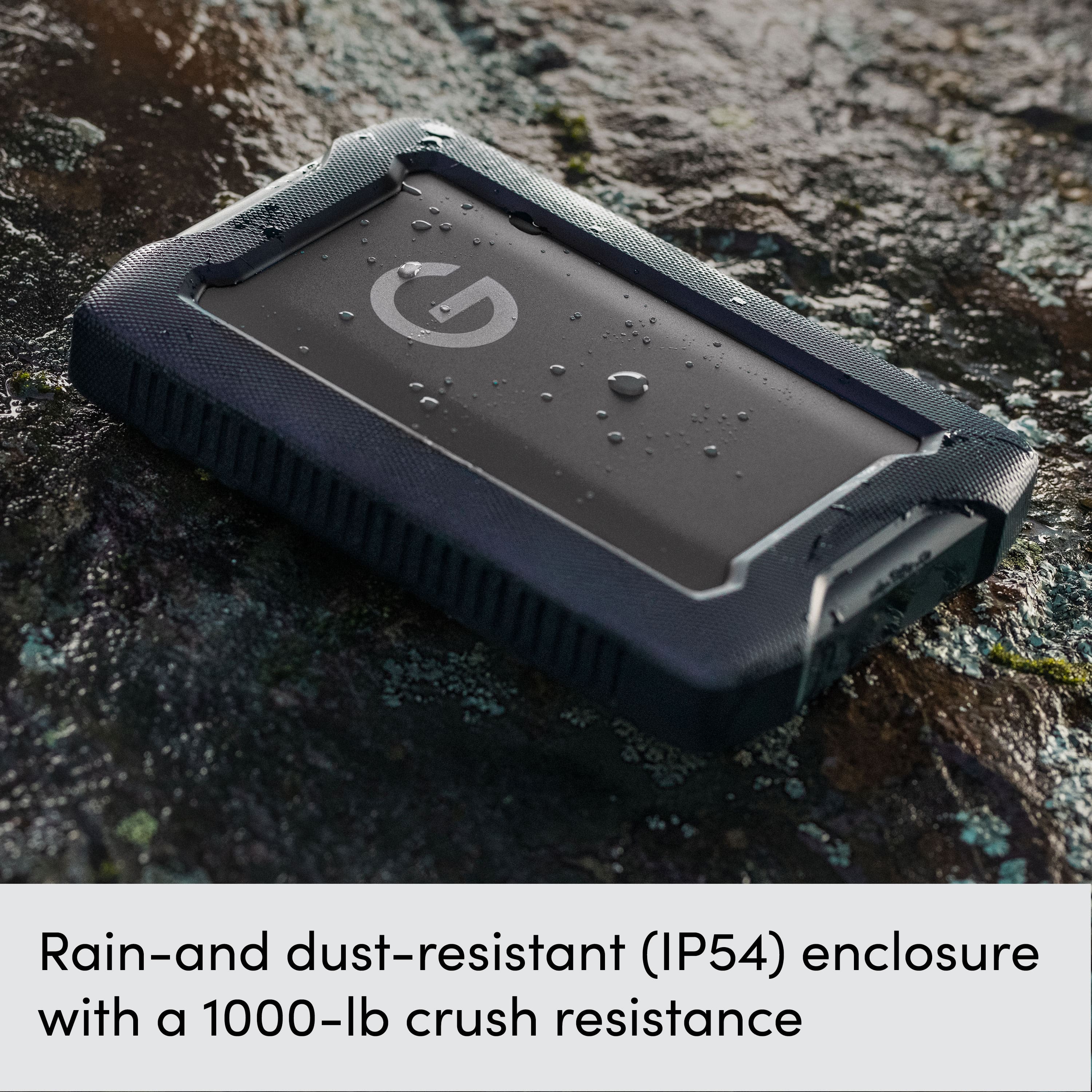 The image shows a black, rain-and dust-resistant (IP54) enclosure with a 1000-lb crush resistance.