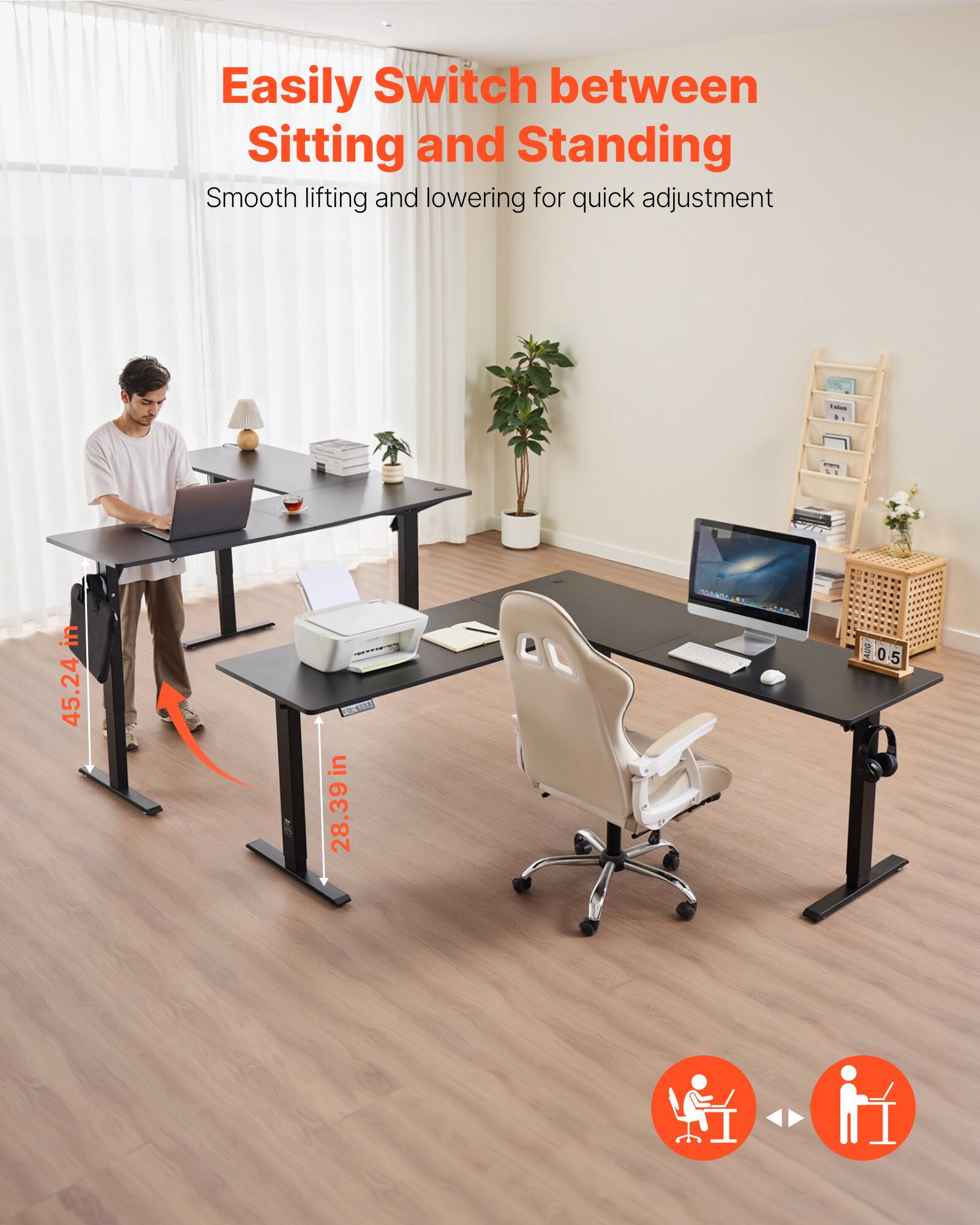 Easily Switch between Sitting and Standing, Smooth lifting and lowering for quick adjustment in 45.24 in and 28.39 in.