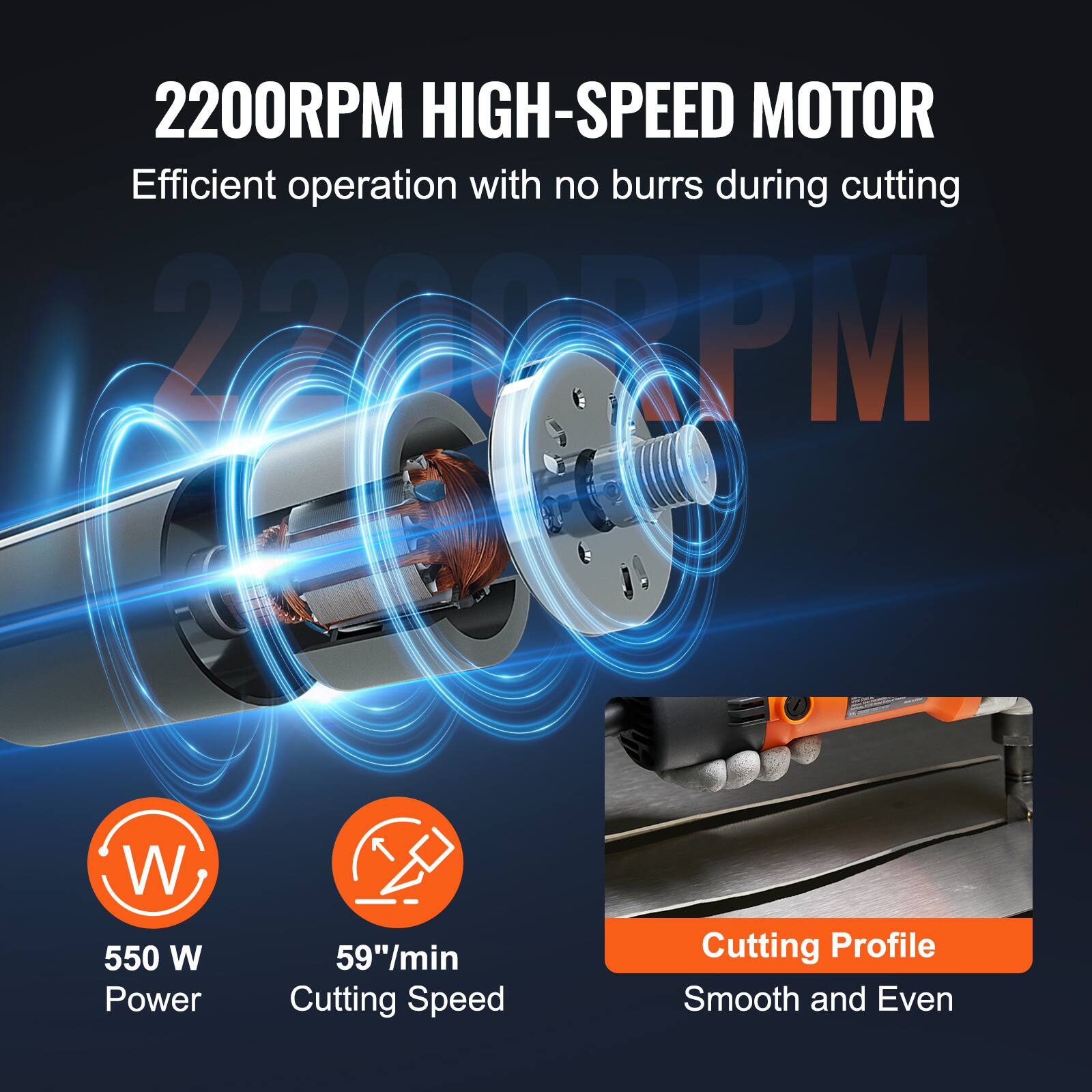 2200RPM HIGH-SPEED MOTOR  
Efficient operation with no burrs during cutting  

550 W Power  
59"/min Cutting Speed  
Cutting Profile Smooth and Even