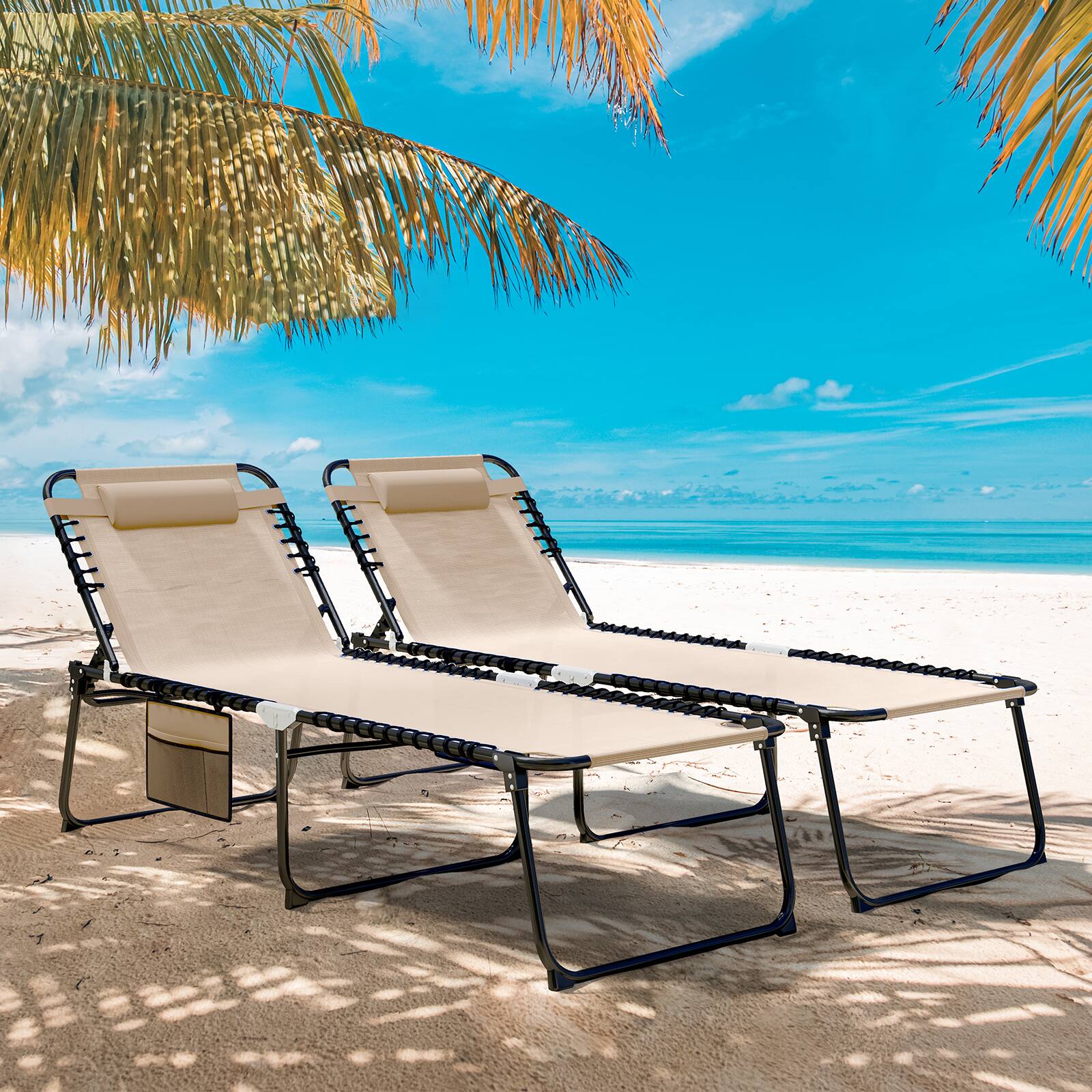 Alt View 8. Gymax - Gymax Oversize Folding Chaise Lounge w/ Adjustable Backrest Detachable Pillow Pocket Beige - Beige.