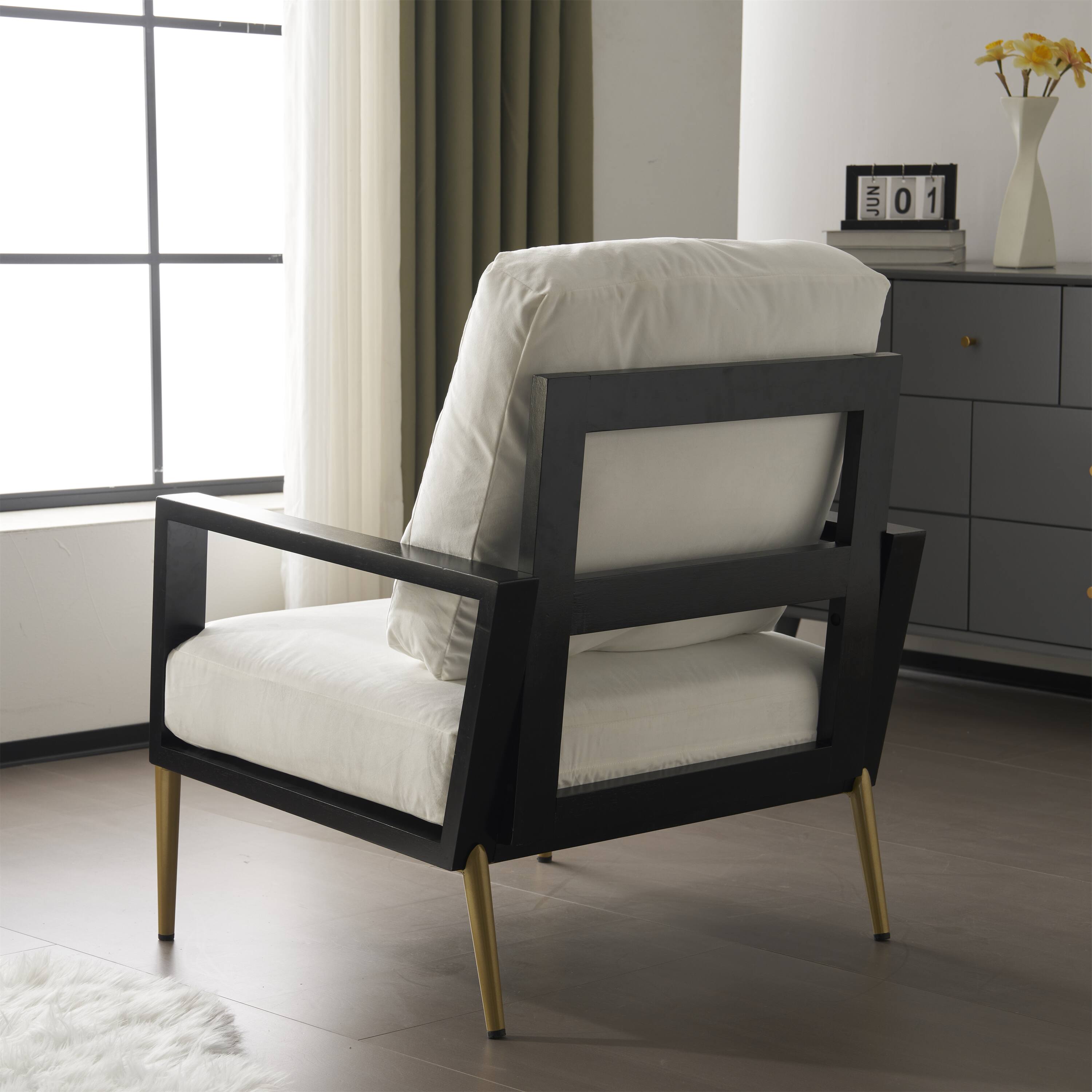Alt View 5. SlickBlue - Modern Upholstered Lounge Chair with Pillow Back, White Fabric Seat & Gold Legs for Bedroom, Living Room, or Balcony - White.