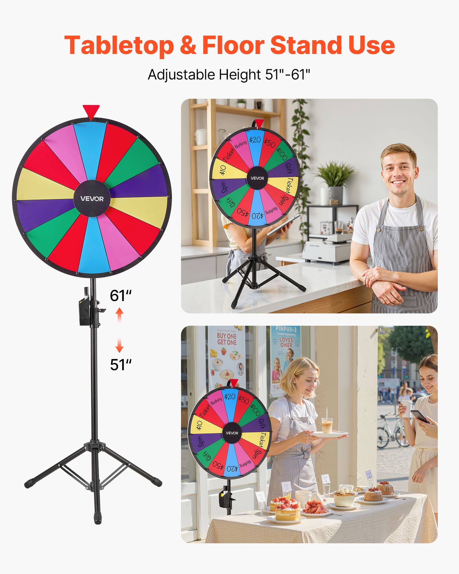 Tabletop & Floor Stand Use Adjustable Height 51"-61" VEVOR $20 $50 Nothing Ticket $100 410 Gift VEVOR Spin Ticket Gift Spin #50 $20 Nothing 61" BUY ONE GET ONE PINPUII-3 - Sg OVES ONER 51" $20 $50 Nothing $20