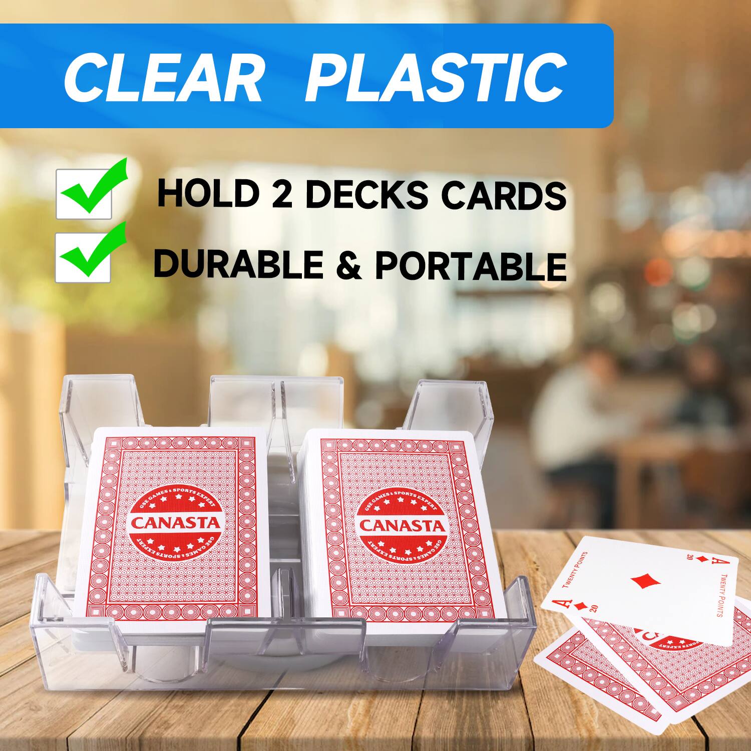 CLEAR PLASTIC HOLD 2 DECKS CARDS DURABLE & PORTABLE  CANASTA AAES t SENTOSE OR DMCSANEA EONTUESPER KAPRY CANASTA ms POUST PINTO3S PONTS TweNTYPONTS TWENTY A DE A TRENTY POINTS ? E4