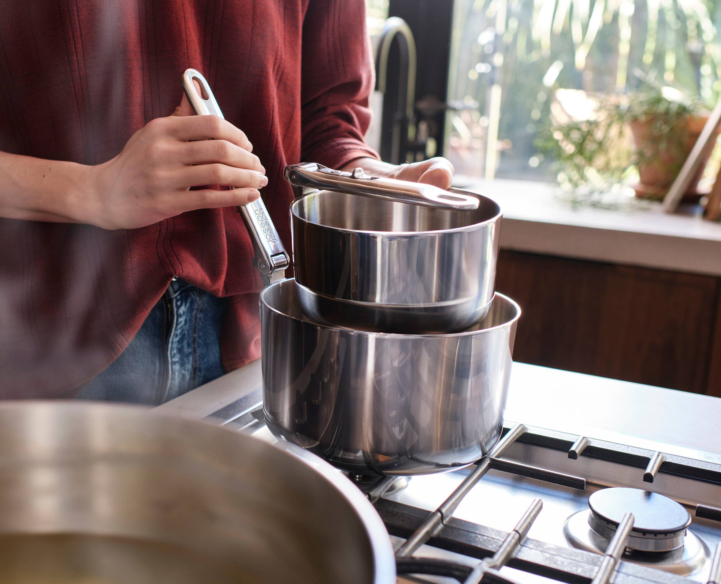 Alt View 3. Joseph Joseph - Space Steel 6-piece Stainless Steel Saucepan Set with Folding Handles - Stainless Steel.