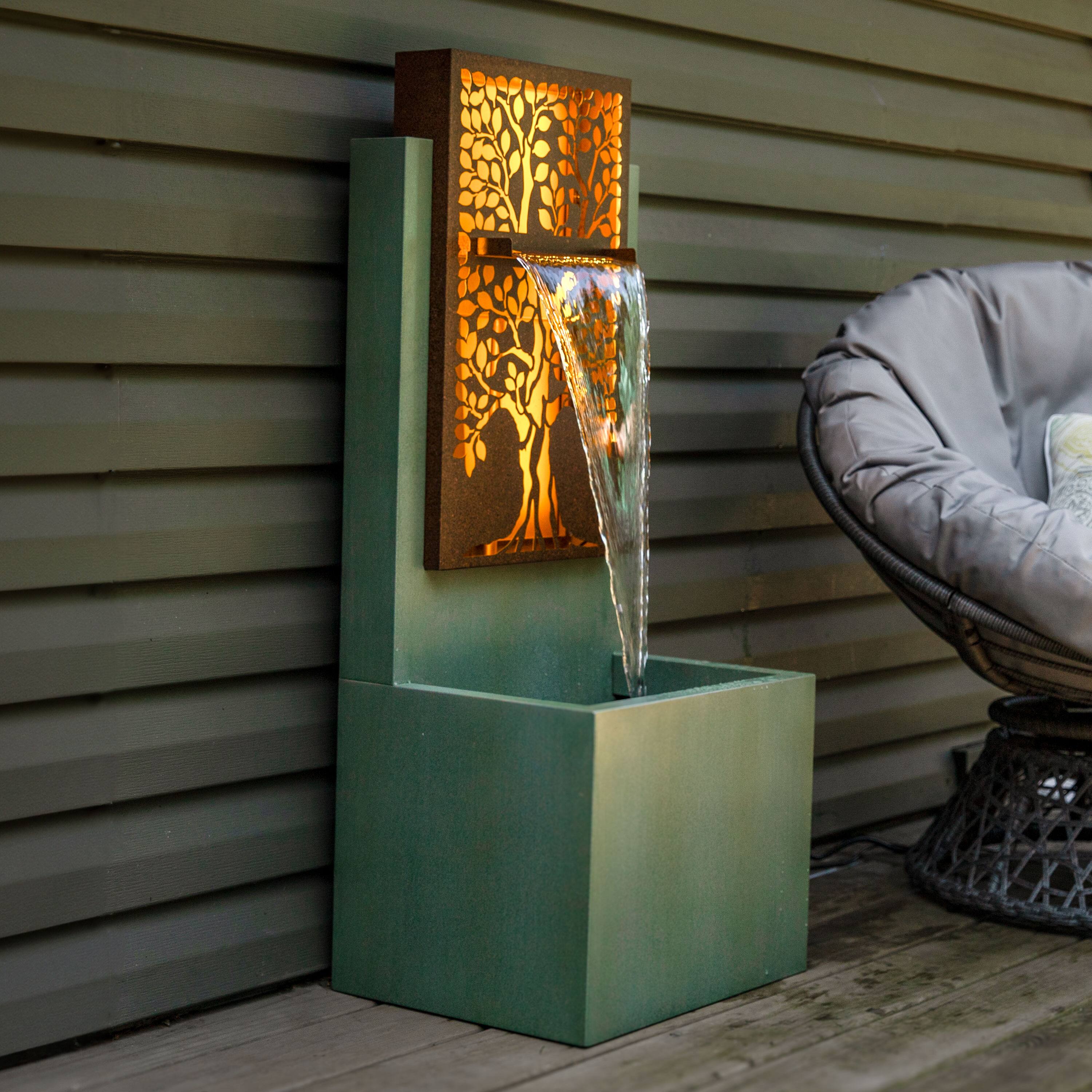 Alt View 4. Sunnydaze - Mighty Oak Steel Outdoor Water Fountain with LEDs - 41.25" - Green.