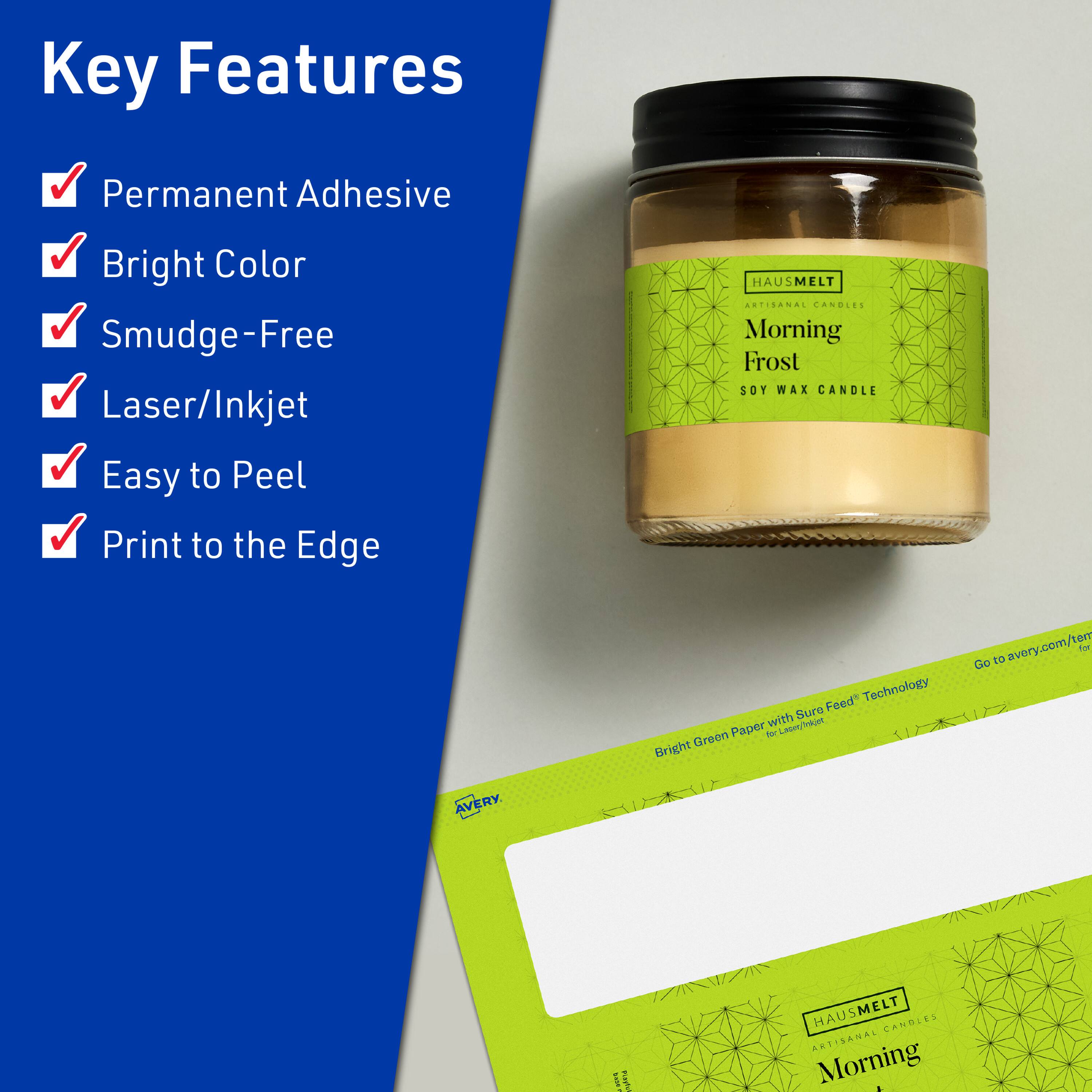 Key Features  
- Permanent Adhesive  
- Bright Color  
- Smudge-Free  
- Laser/Inkjet  
- Easy to Peel  
- Print to the Edge  

HAUSMELT ARTISANAL CANDLES  
Morning Frost  
SOY WAX CANDLE  

Bright Green Paper with Sure Feed Technology  

Go to avery.com/ten for Avery  

HAUSMELT ARTISANAL CANDLES  
Morning Frost