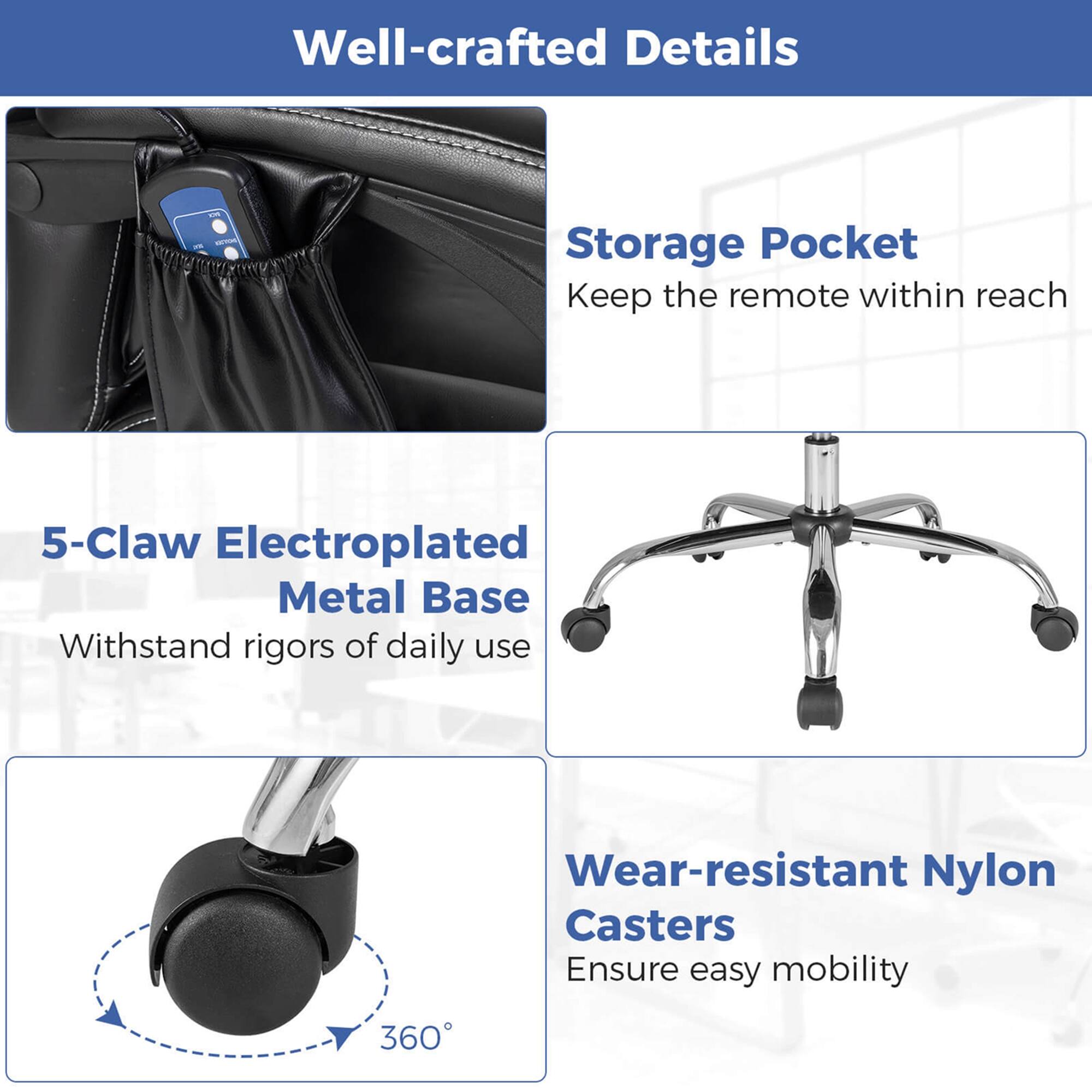 Well-crafted Details:

* Storage Pocket: Keep the remote within reach
* 5-Claw Electroplated Metal Base: Withstand rigors of daily use
* Wear-resistant Nylon Casters: Ensure easy mobility
* 360: