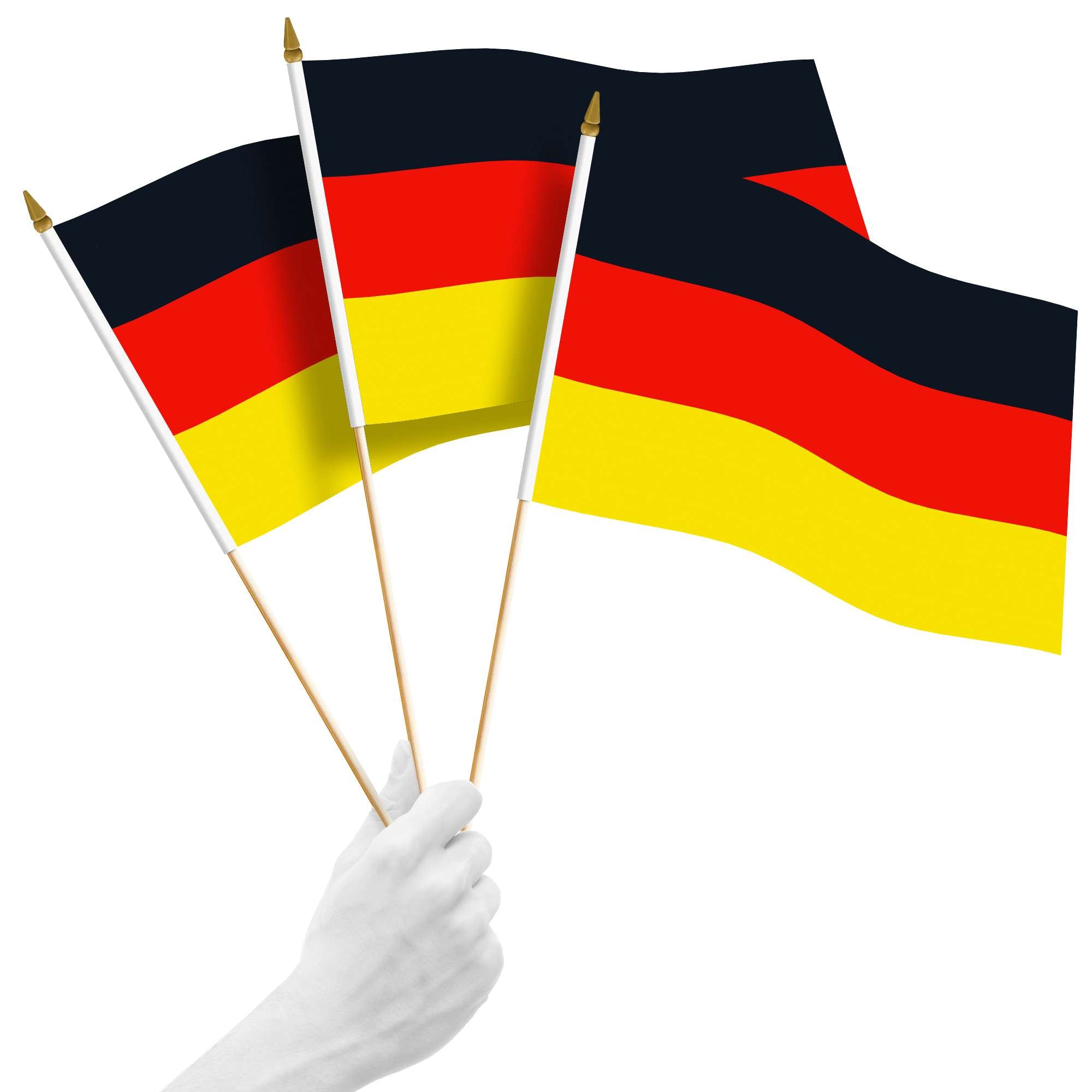 Front. G128 - Handheld Germany Stick Flags 12x18 Inch Printed 150D Polyester 10 Pack - Black, Red, Yellow.