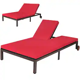 Costway - 2-Person Patio Rattan Lounge chair Chaise Recliner Adjustable Cushioned - Red
