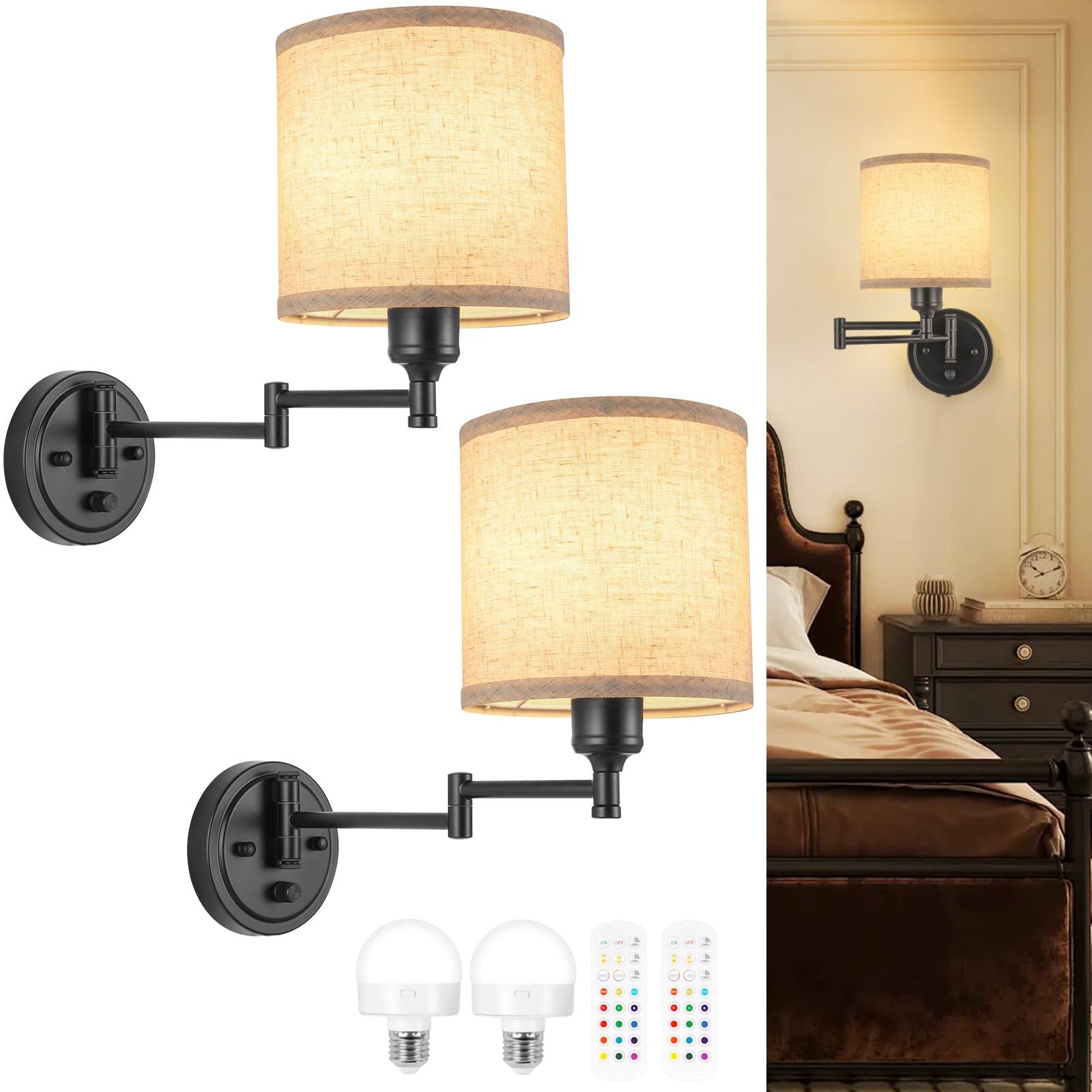 TECH SAFARI - Operated Wall Sconce With Remote Control Colors Dimmable Wireless Sconces Set Of Two Rechargeable Cordless - Linen