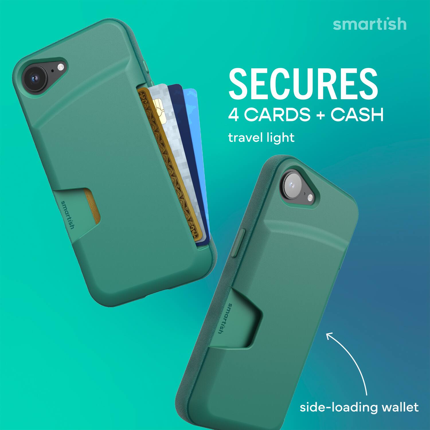 smartish  
SECURES  
4 CARDS + CASH  
travel light  

smartish  
side-loading wallet
