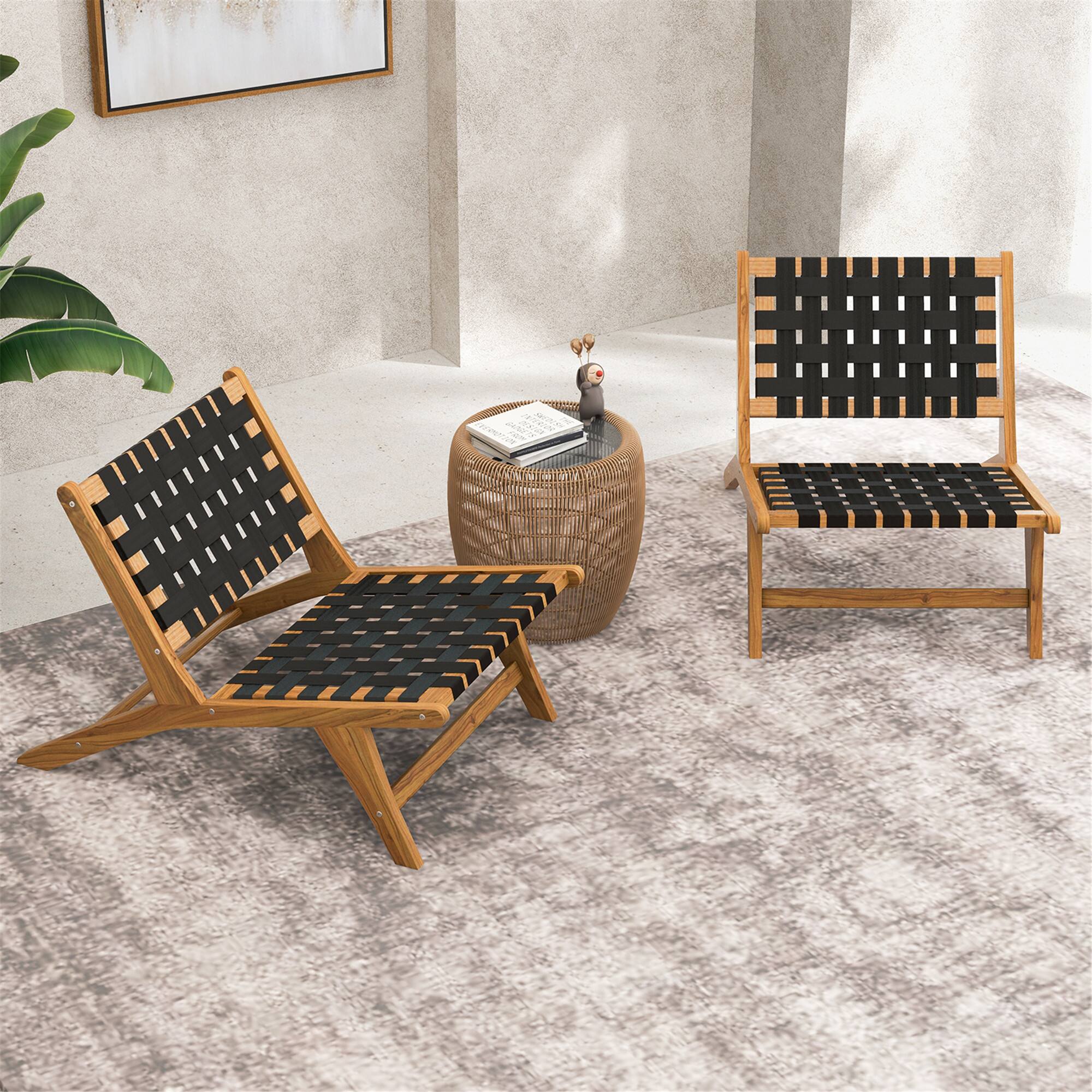Alt View 7. Gymax - Gymax Teak Wooden Chair w/ Woven Webbing Seat & Backrest for Patio Mid Century Modern - Natural, Black.