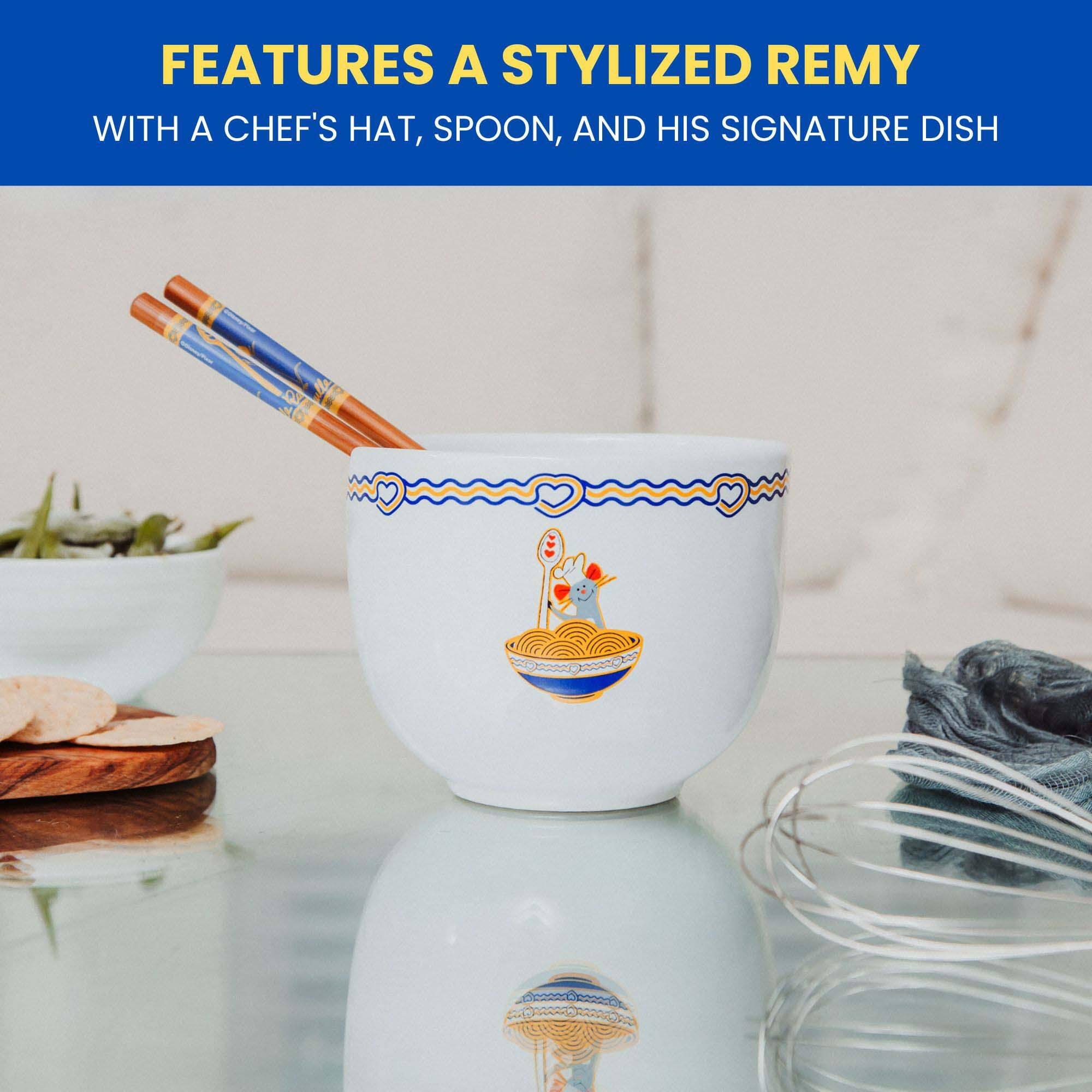 FEATURES A STYLIZED REMY WITH A CHEF'S HAT, SPOON, AND HIS SIGNATURE DISH