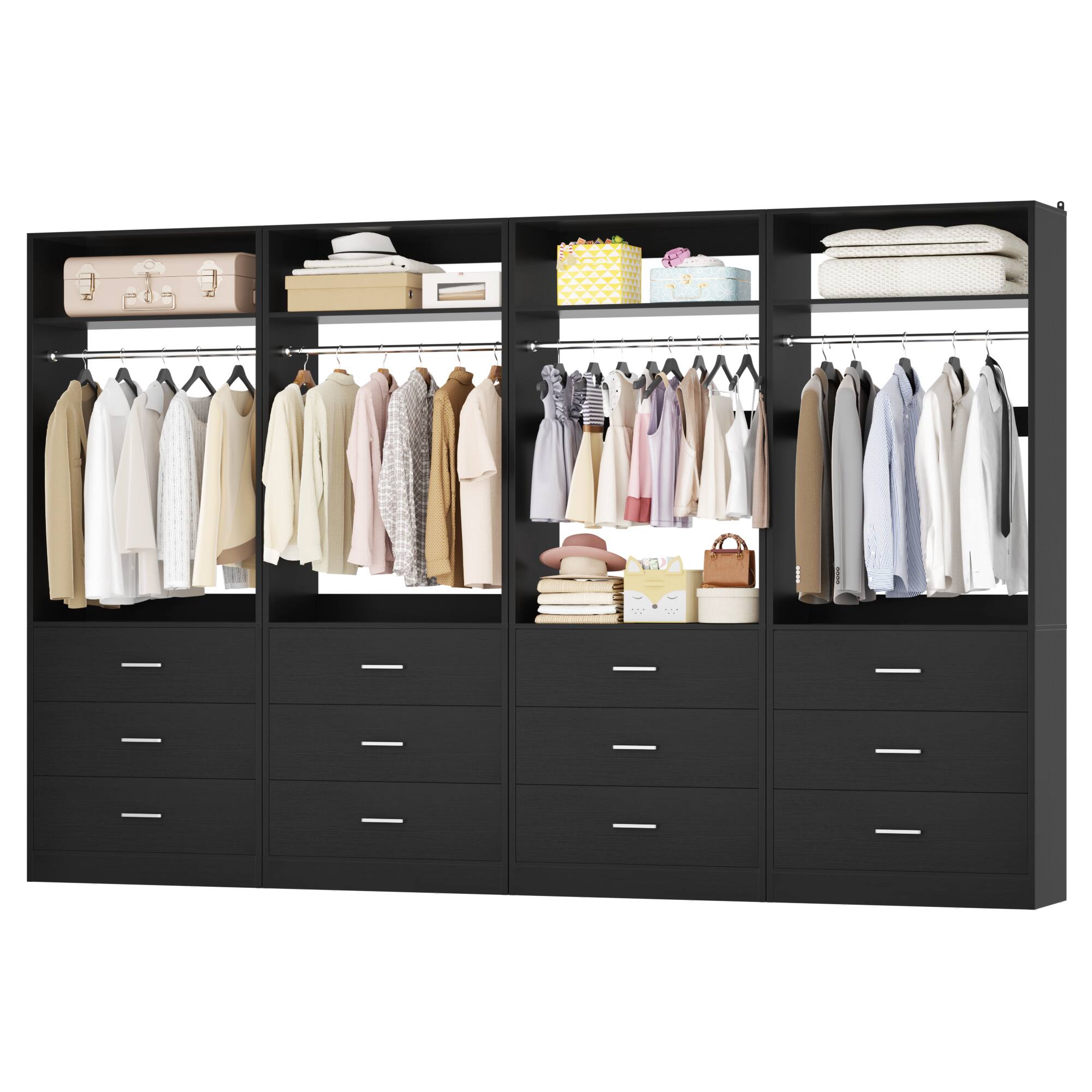 Back. Aheaplus - Set of 4 Heavy Duty 96" Walk-In Closet with 12 Wood Drawers, 4 Rods & 4 Shelves - Black.