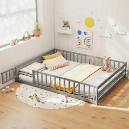 Costway - Queen Size Floor Bed with Full Length Safety Guardrails & Door for Boys, Girls - Gray