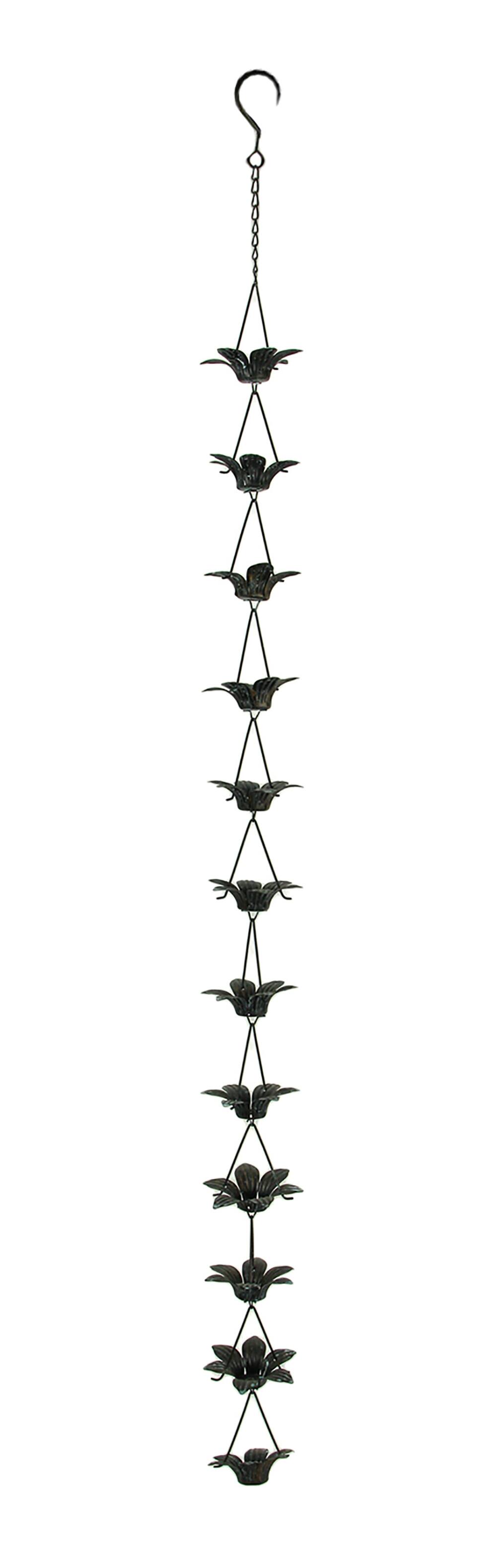 Alt View 1. Zeckos - Verdigris Finish Metal Lily Flower Rain Chain w/Attached Hanger 48 Inch - Teal.