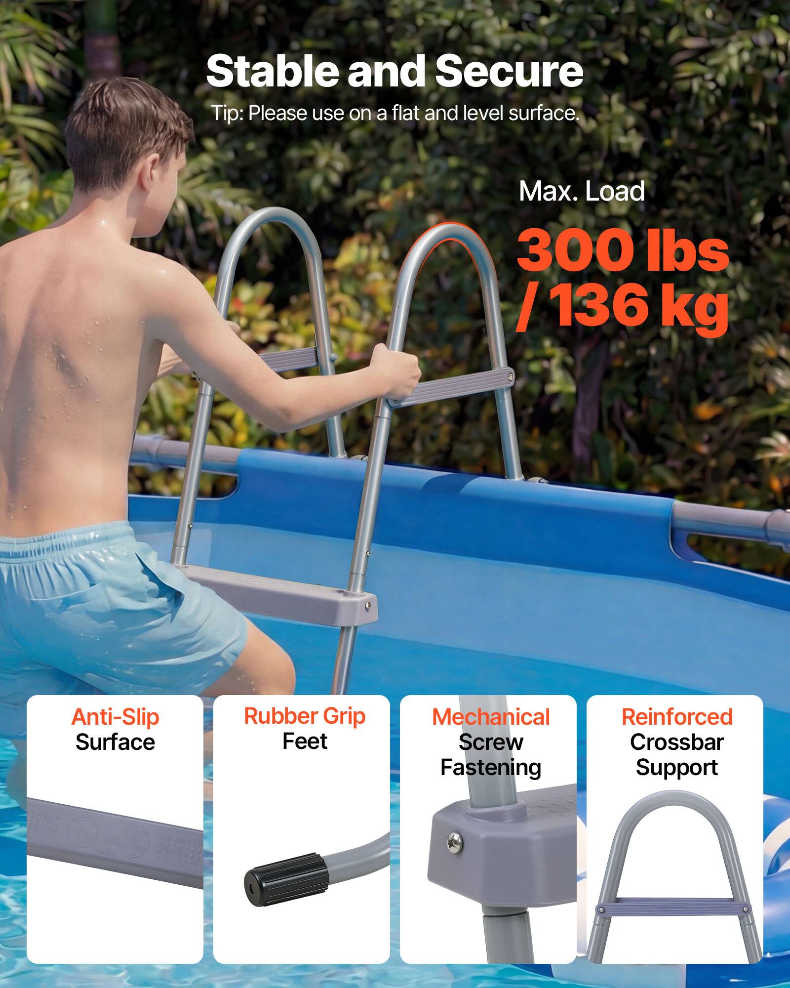 Stable and Secure

Tip: Please use on a flat and level surface.

Max. Load 300 lbs / 136 kg

Anti-Slip Surface
Rubber Grip Feet
Mechanical Screw Fastening
Reinforced Crossbar Support