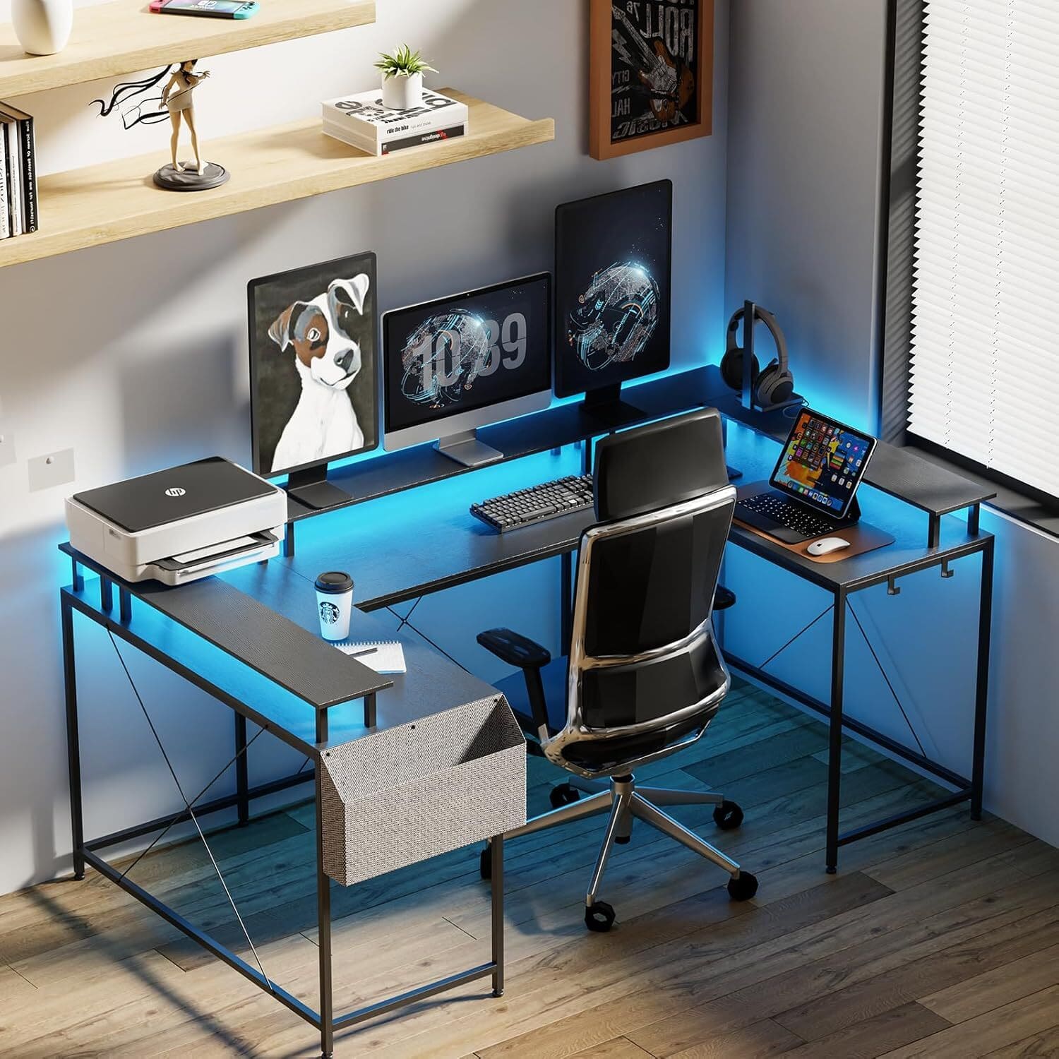 Acekool - U Shaped Computer Gaming Desk with LED Lights, Black