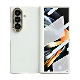 Dteck - for Samsung Galaxy Z Fold7 Hinge Protection Magnetic Case with Tempered Glass Film Shockproof Matte Rugged Slim Cover - White