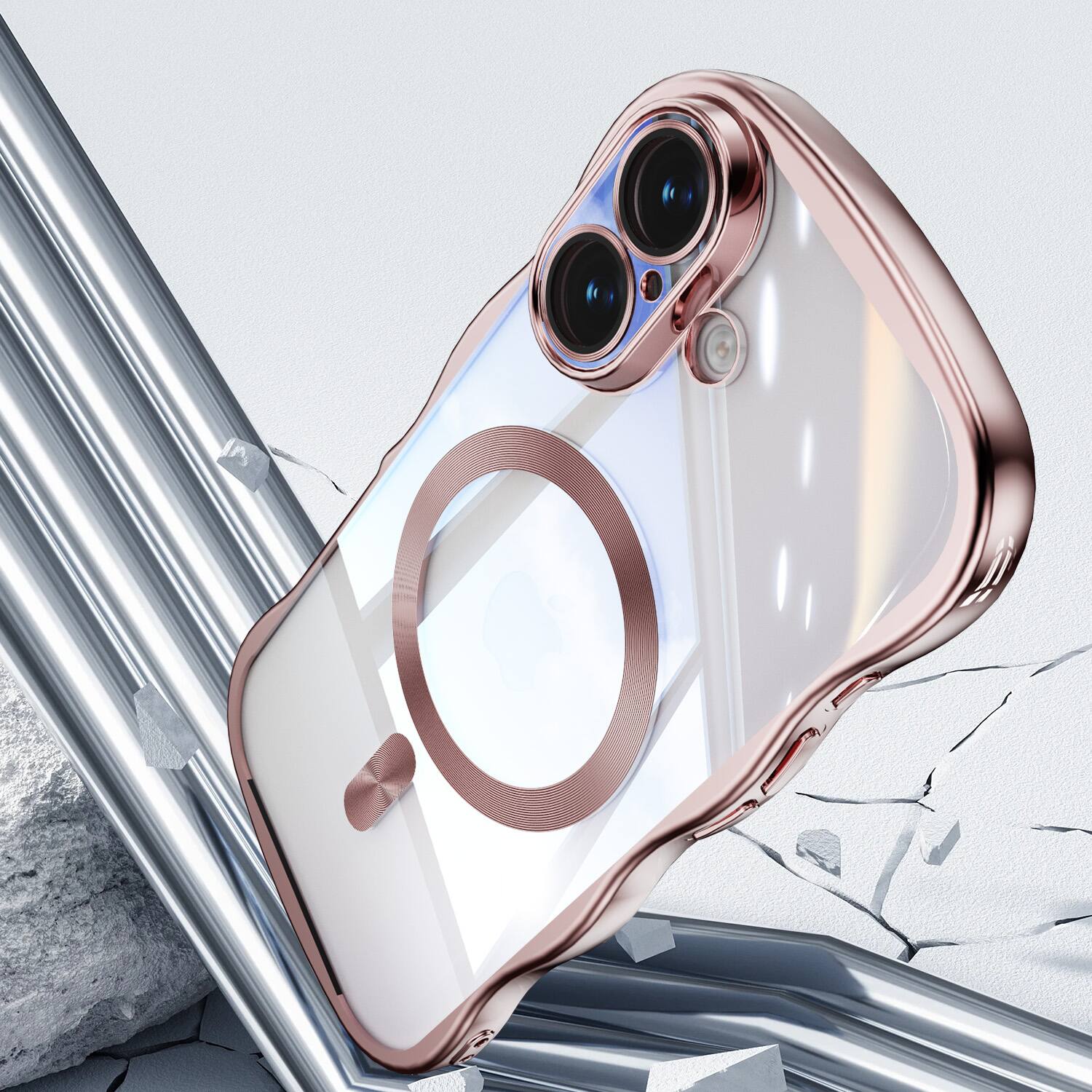 Back. UUCOVER - For Apple iPhone 17 Magnetic Case Compatible with MagSafe, Shockproof Electroplated Wave Bumper Clear Slim Phone Cover - Pink.