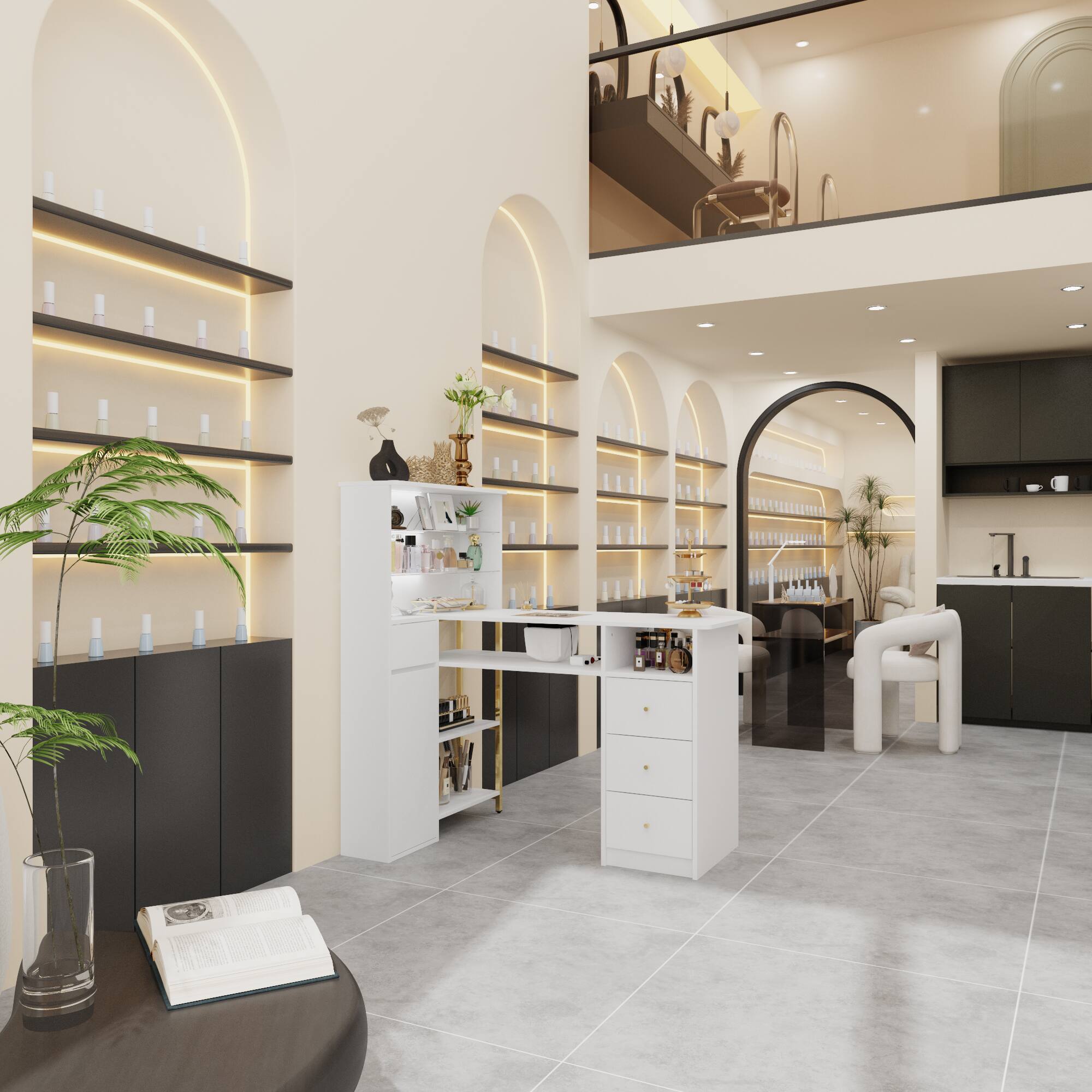 Alt View 2. Famapy - Luxury Nail Desk and Makeup Vanity with Storage Drawers Dust Collector Ergonomic Beauty Workstation Table - White.