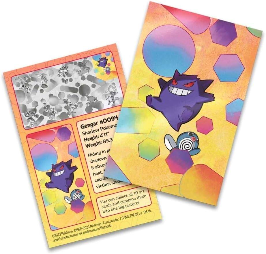 #0094 Gengar  
Shadow Pokémon  
Height: 4'11"  
Weight: 89.3 lbs  

Hiding in the shadows, it absorbs heat. Causes shivering in victims.  

You can collect all 10 art cards and combine them into one big picture!  

©2023 Pokémon. ©1995-2023 Nintendo/Creatures Inc./GAME FREAK inc. TM.  
Pokémon and character names are trademarks of Nintendo.