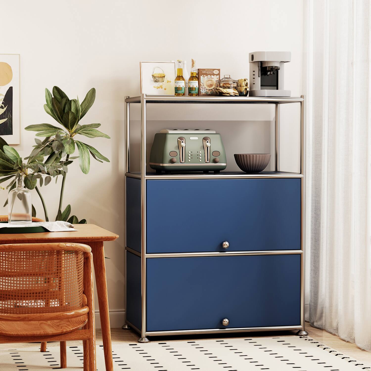 Back. Malletson - 3-Tier Metal Sideboard Buffet Storage Cabinet Modern Grid-Style, for Dining Room, Living Room or Office - Blue.