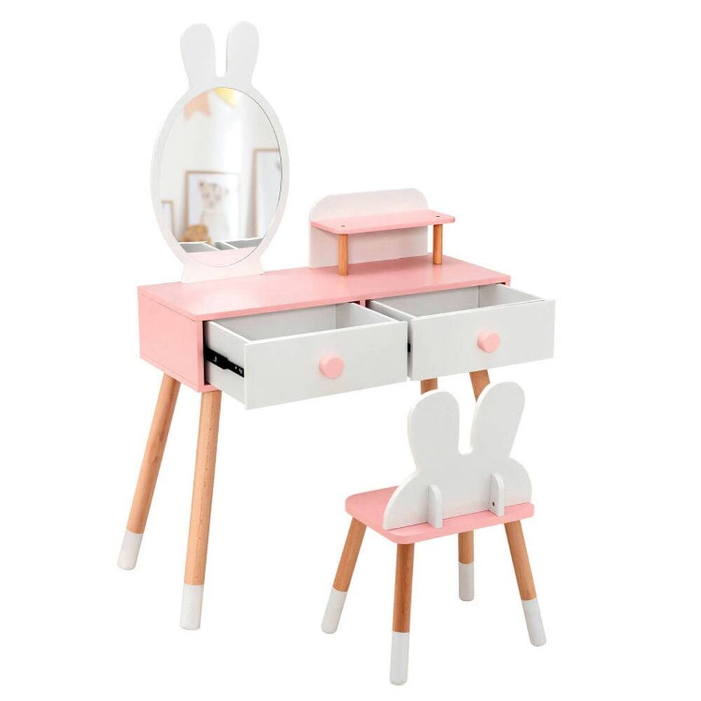 Alt View 5. Kadyn - Kids Vanity Table and Chair Set with Drawer Shelf and Rabbit Mirror-White, Kids Makeup Vanity for Girls Kids - White.