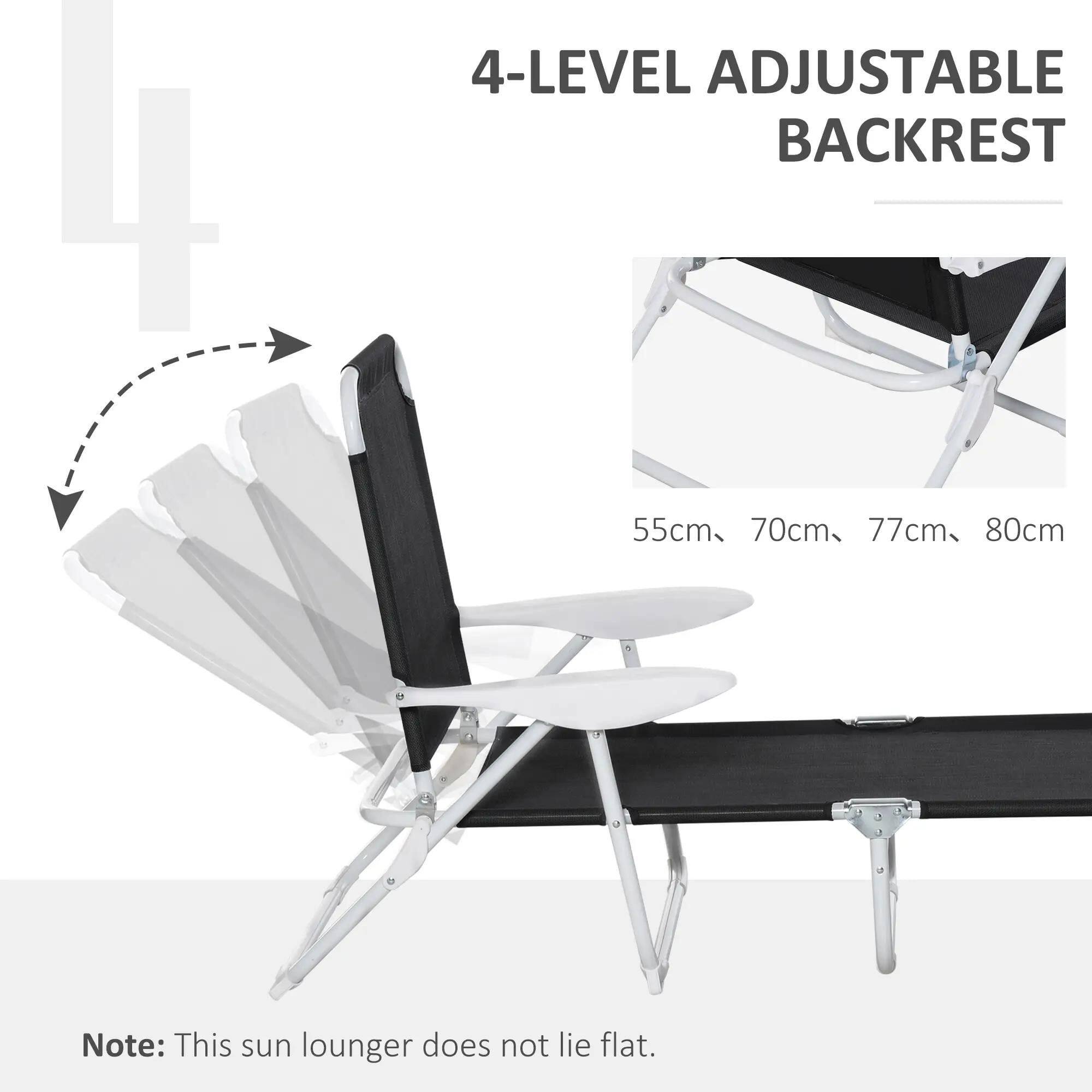 4-LEVEL ADJUSTABLE BACKREST
55cm, 70cm, 77cm, 80cm
Note: This sun lounger does not lie flat.