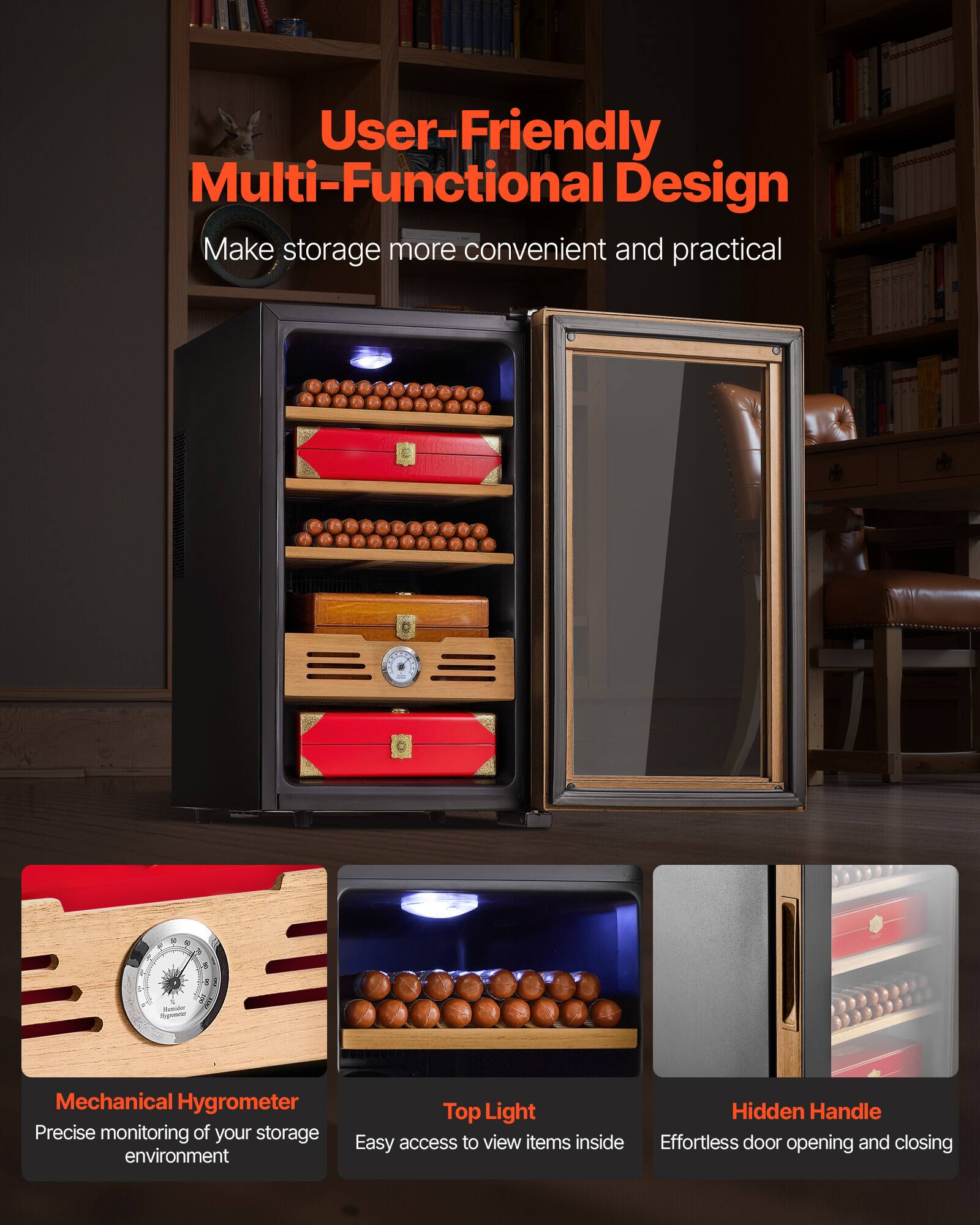 User-Friendly Multi-Functional Design  
Make storage more convenient and practical

- Mechanical Hygrometer  
  Precise monitoring of your storage environment

- Top Light  
  Easy access to view items inside

- Hidden Handle  
  Effortless door opening and closing