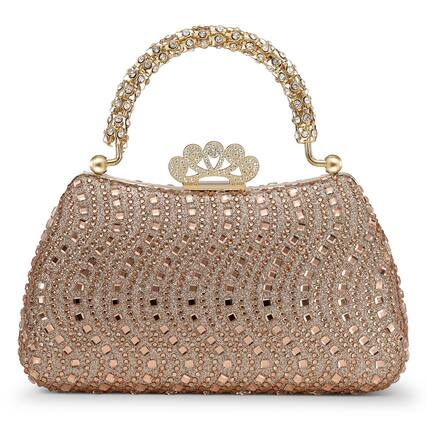 Front. Unique Bargains - Rhinestones Evening Bag for Women, Shiny Sequin Evening Clutch Wedding Purse for Bride Party Formal - Champagne.