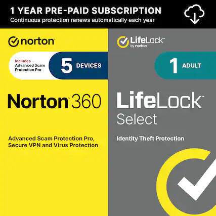 1 YEAR PRE-PAID SUBSCRIPTION
Continuous protection renews automatically each year
norton
Includes Advanced Scam Protection Pro
5 DEVICES
Norton 360
Advanced Scam Protection Pro, Secure VPN and Virus Protection
LifeLock by norton
1 ADULT
LifeLock Select
Identity Theft Protection