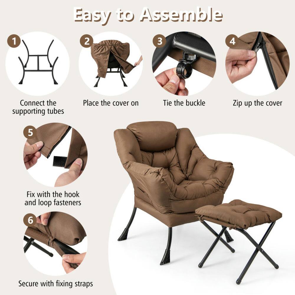 1. Easy to Assemble  
2. Connect the supporting tubes  
3. Place the cover on  
4. Tie the buckle  
5. Zip up the cover  
6. Fix with the hook and loop fasteners  
7. Secure with fixing straps