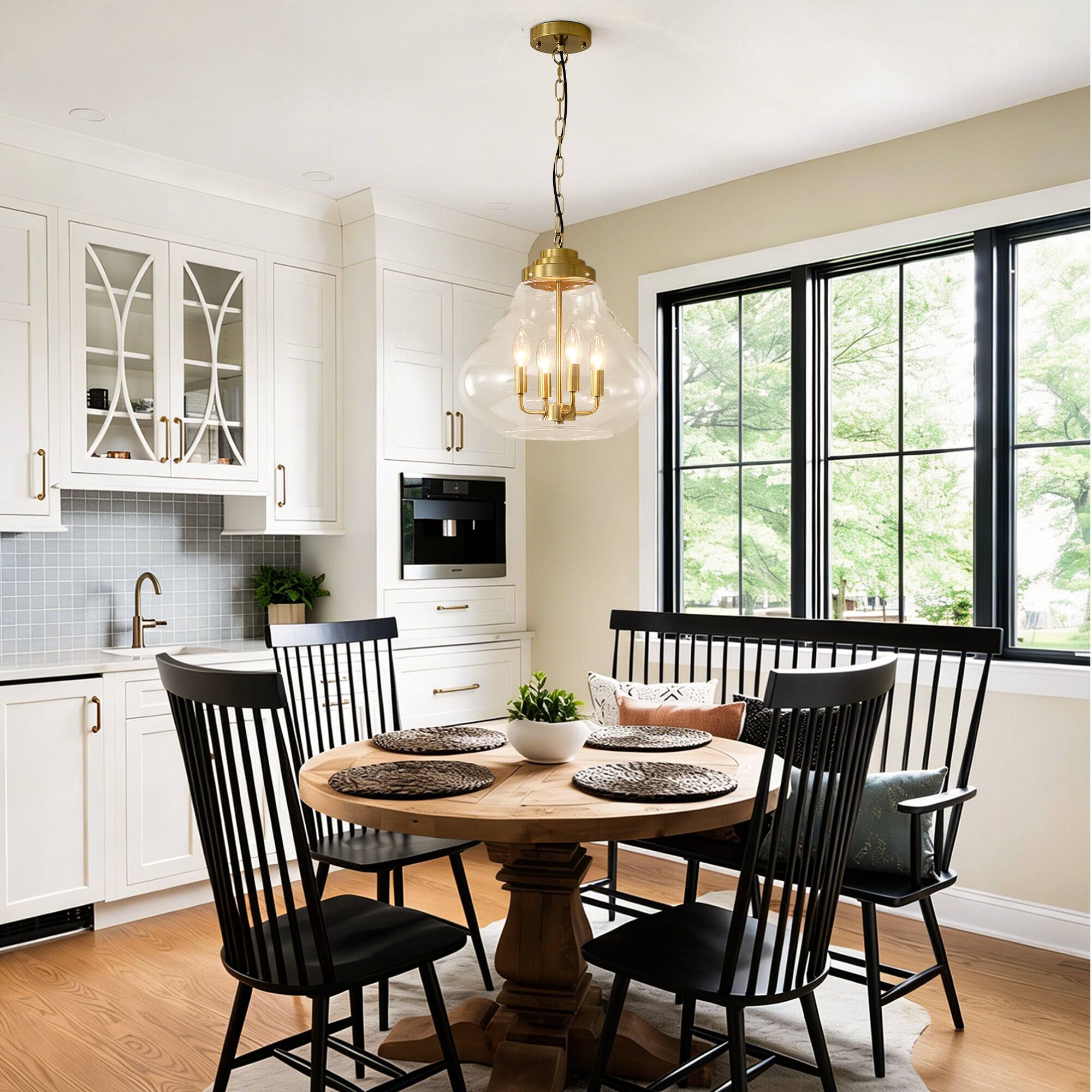Angle. RYHNUYNE - 13.77" Gold Glass Pendant Light - Adjustable Hanging Light Fixture for Kitchen Island, Dining Room, Foyer.
