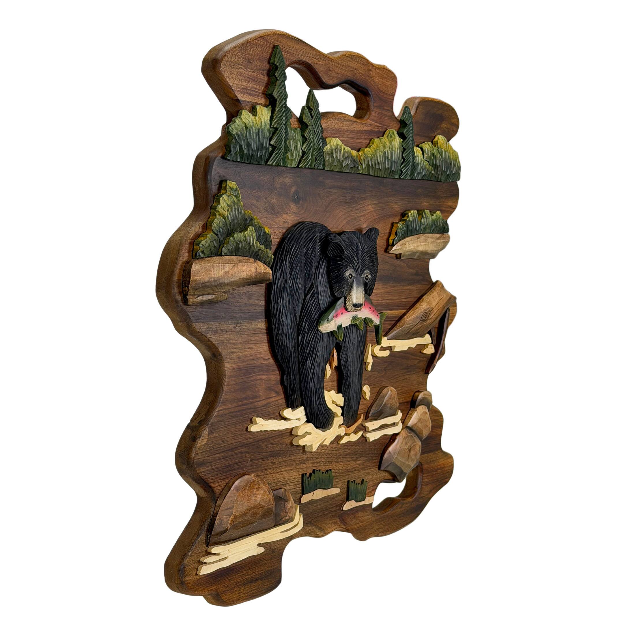 Alt View 1. Zeckos - Bear Fishing Wood Wall Sculpture 23.5in Rustic Intarsia Cabin Lodge Decor - Brown.
