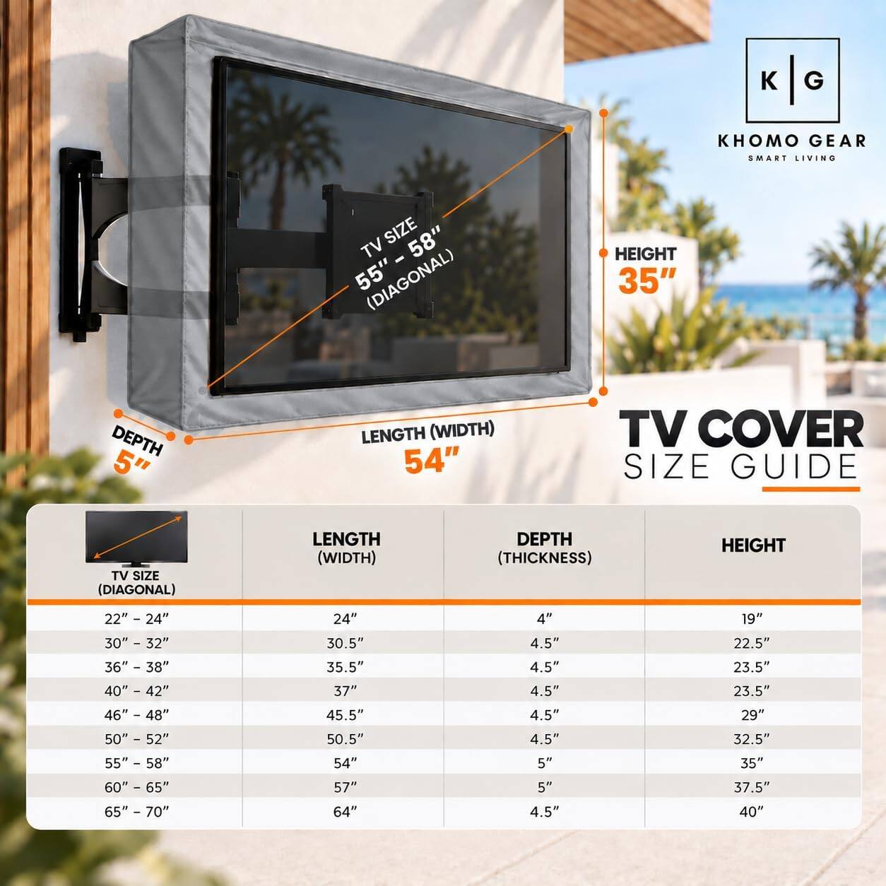 KHOMO GEAR SMART LIVING

TV SIZE 58" 55" (DIAGONAL)
HEIGHT 35"
5" DEPTH
LENGTH (WIDTH) 54"

TV COVER SIZE GUIDE

TV SIZE (DIAGONAL) | LENGTH (WIDTH) | DEPTH (THICKNESS) | HEIGHT
22" - 24" | 24" | 4" | 19"
30" - 32" | 30.5" | 4.5" | 22.5"
36" - 38" | 35.5" | 4.5" | 23.5"
40" - 42" | 37" | 4.5" | 23.5"
46" - 48" | 45.5" | 4.5" | 29"
50" - 52" | 50.5" | 4.5" | 32.5"
55" - 58" | 54" | 5" | 35"
60" - 6