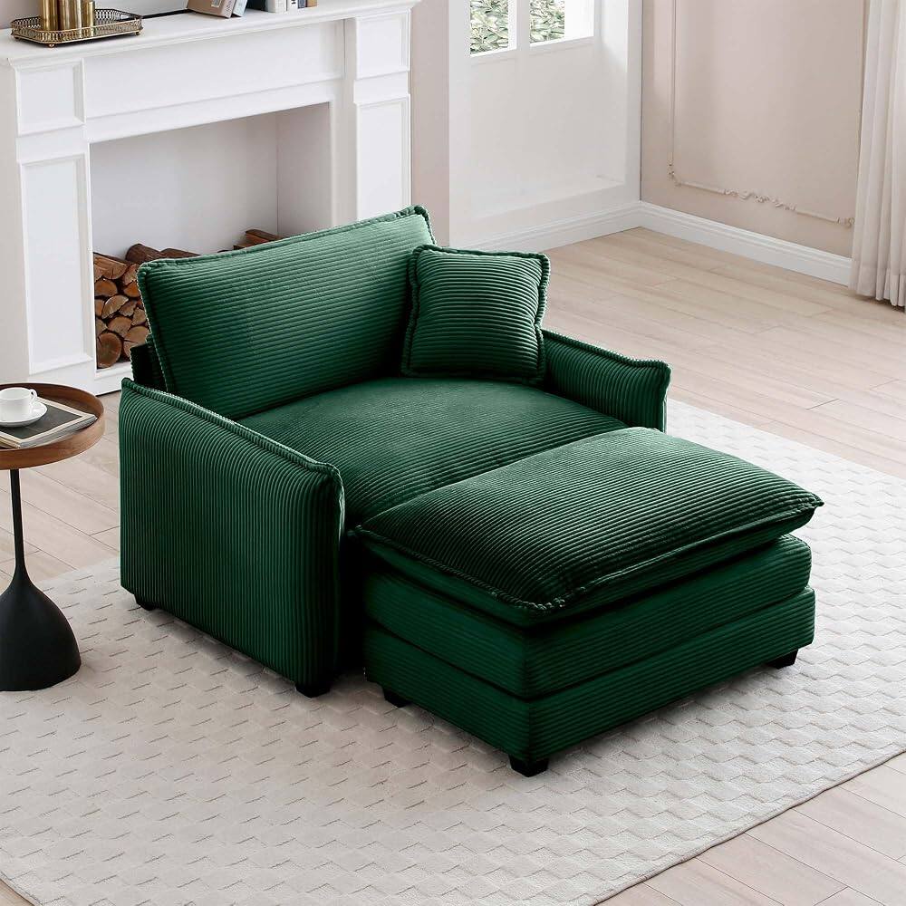 Left. JUJABU - Green Corduroy Fabric 46" Single Lounge Accent Chair with 1 Ottoman, Foam Cushions, Removable Armrest - Green.