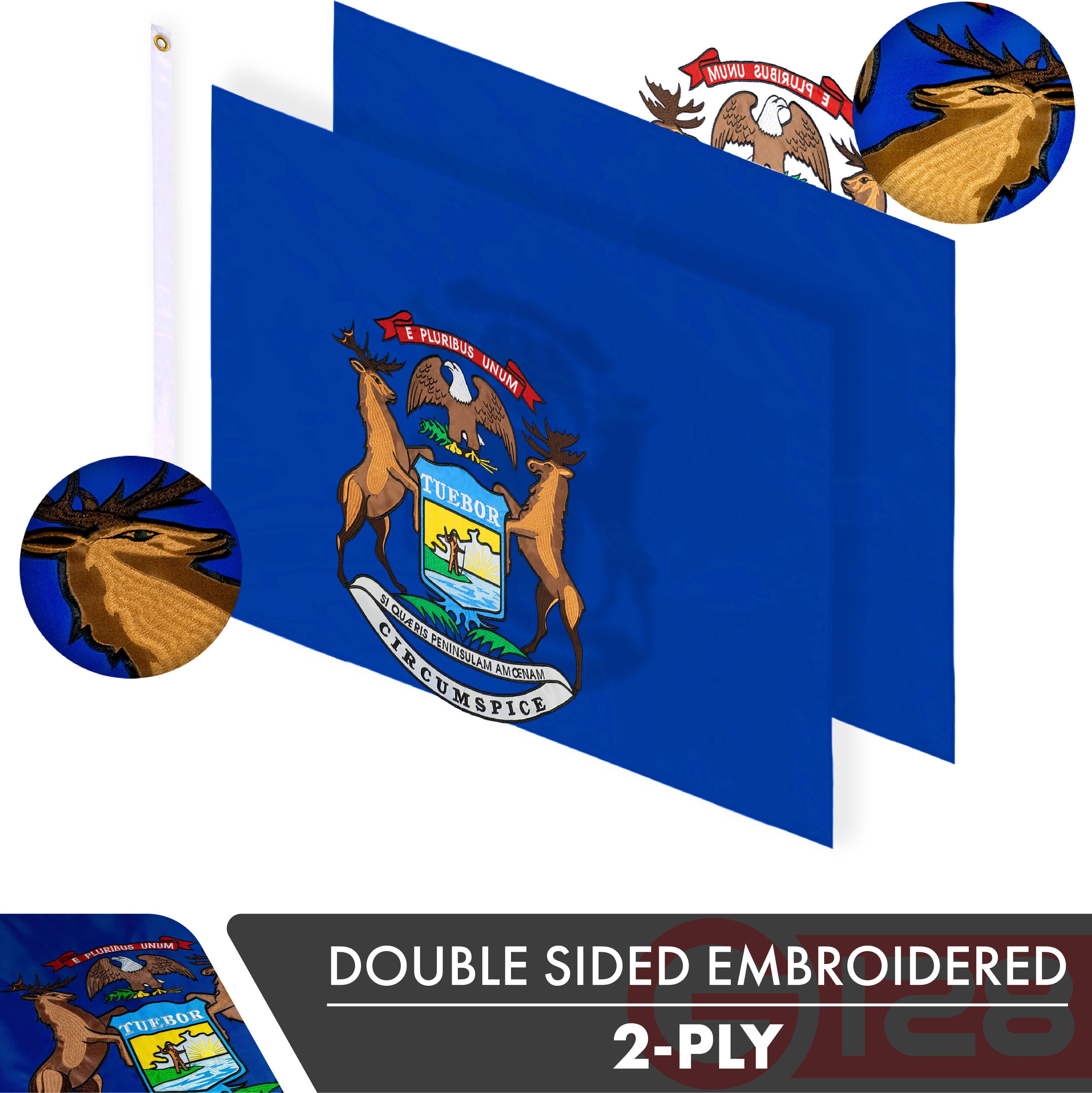 MUMU PLURIBUS UNUM  
TUEBOR  
QUARS I PENINBULAM AMICENAM CIRCUMSPICE  
DOUBLE SIDED EMBROIDERED 2-PLY