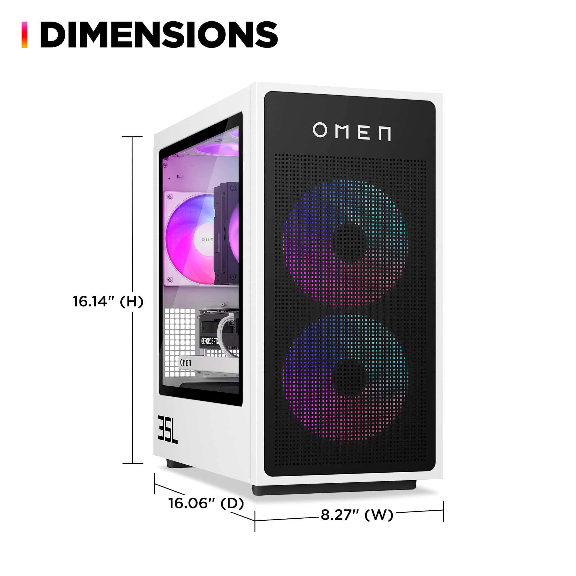 The text on the image reads: "I DIMENSIONS OMEN 35L 16.14" (H) 2001 ad 16.06" (D) 8.27" (W)". This text describes the dimensions of the OMEN 35L computer tower. The dimensions are 16.14 inches in height, 16.06 inches in depth, and 8.27 inches in width.