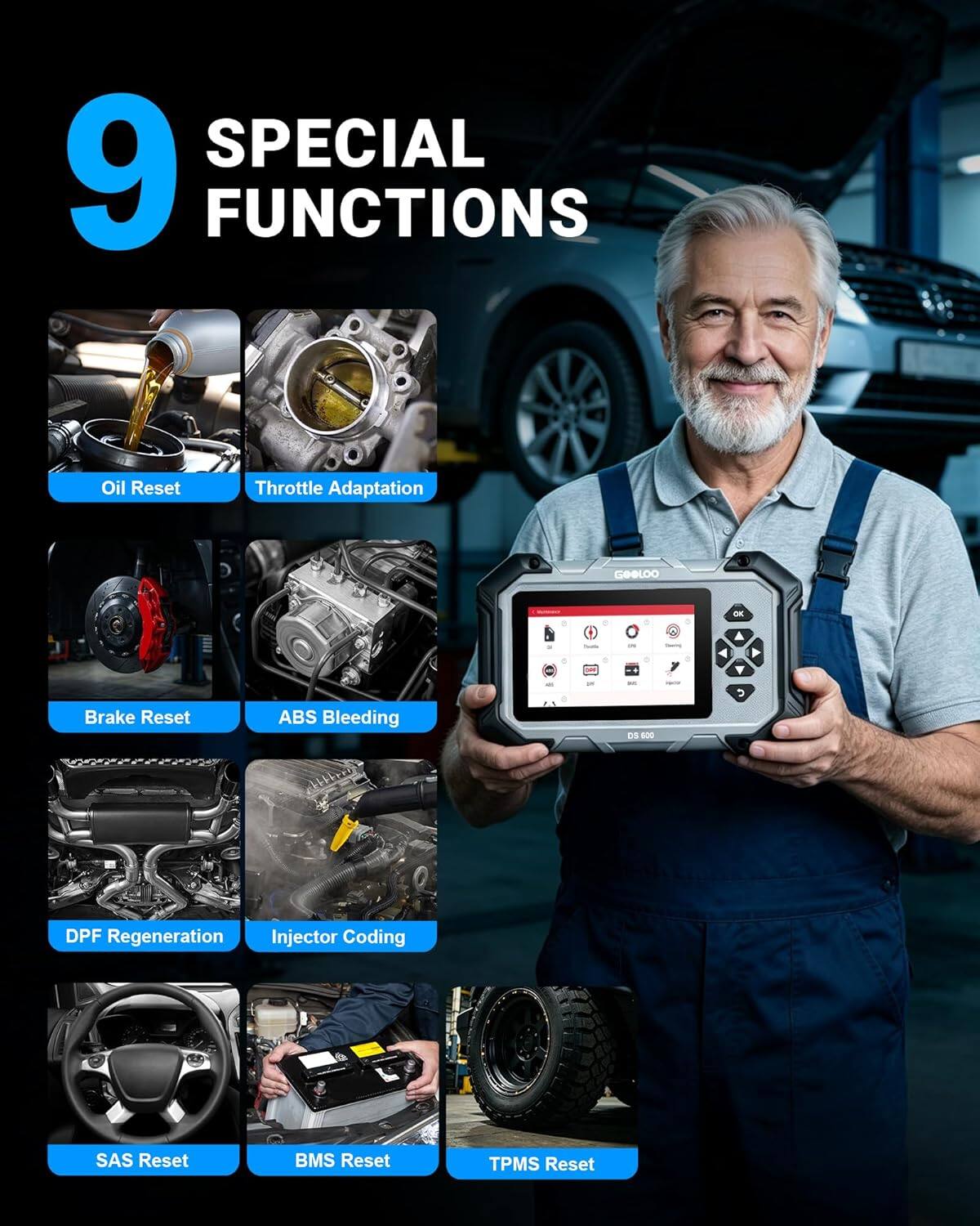 9 SPECIAL FUNCTIONS

- Oil Reset
- Throttle Adaptation
- Brake Reset
- ABS Bleeding
- DPF Regeneration
- Injector Coding
- SAS Reset
- BMS Reset
- TPMS Reset
