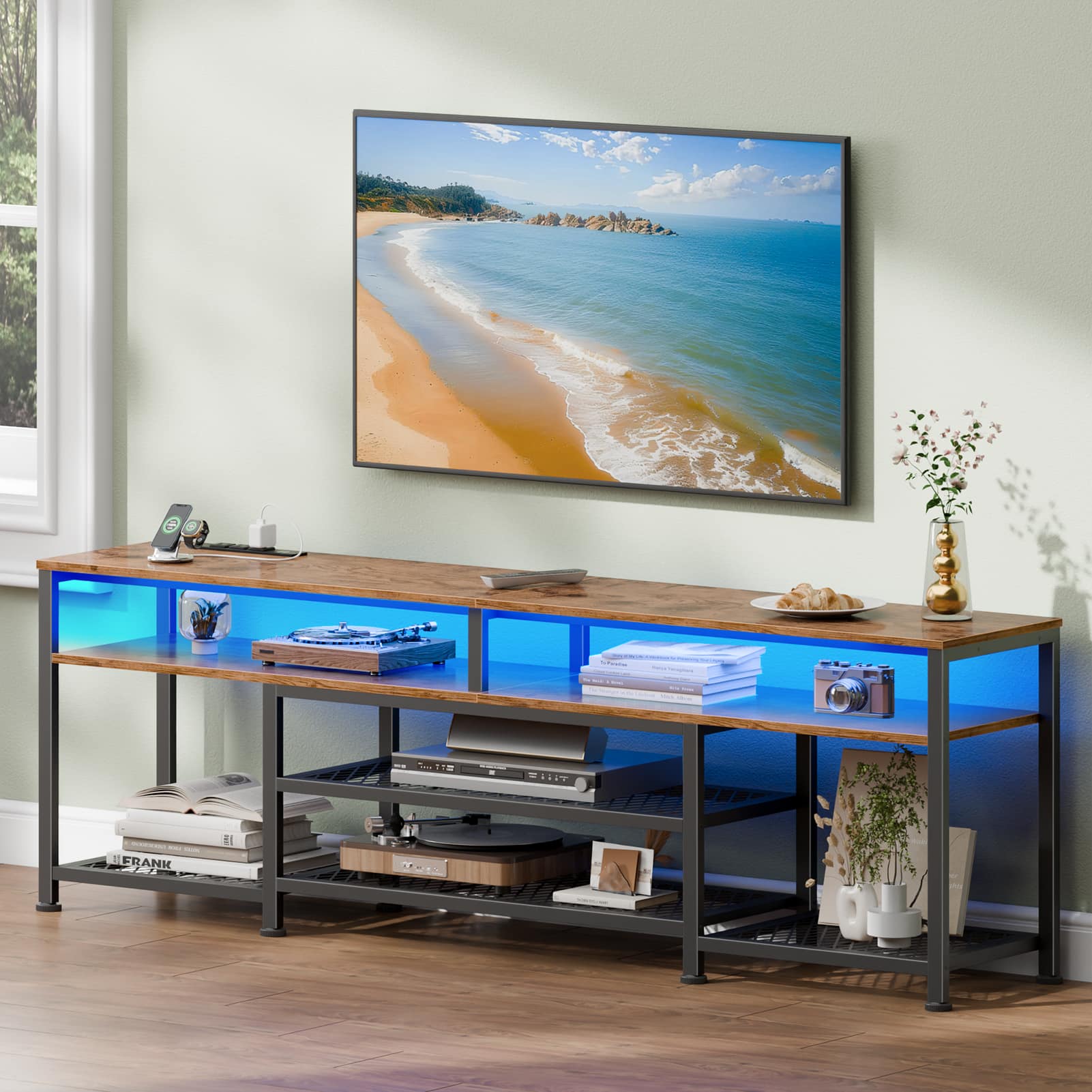 Furnulem - Contemporary LED Entertainment Center with Charging Outlets TV Stand for Large TVs Media Console with Storage Cabinets - Brown