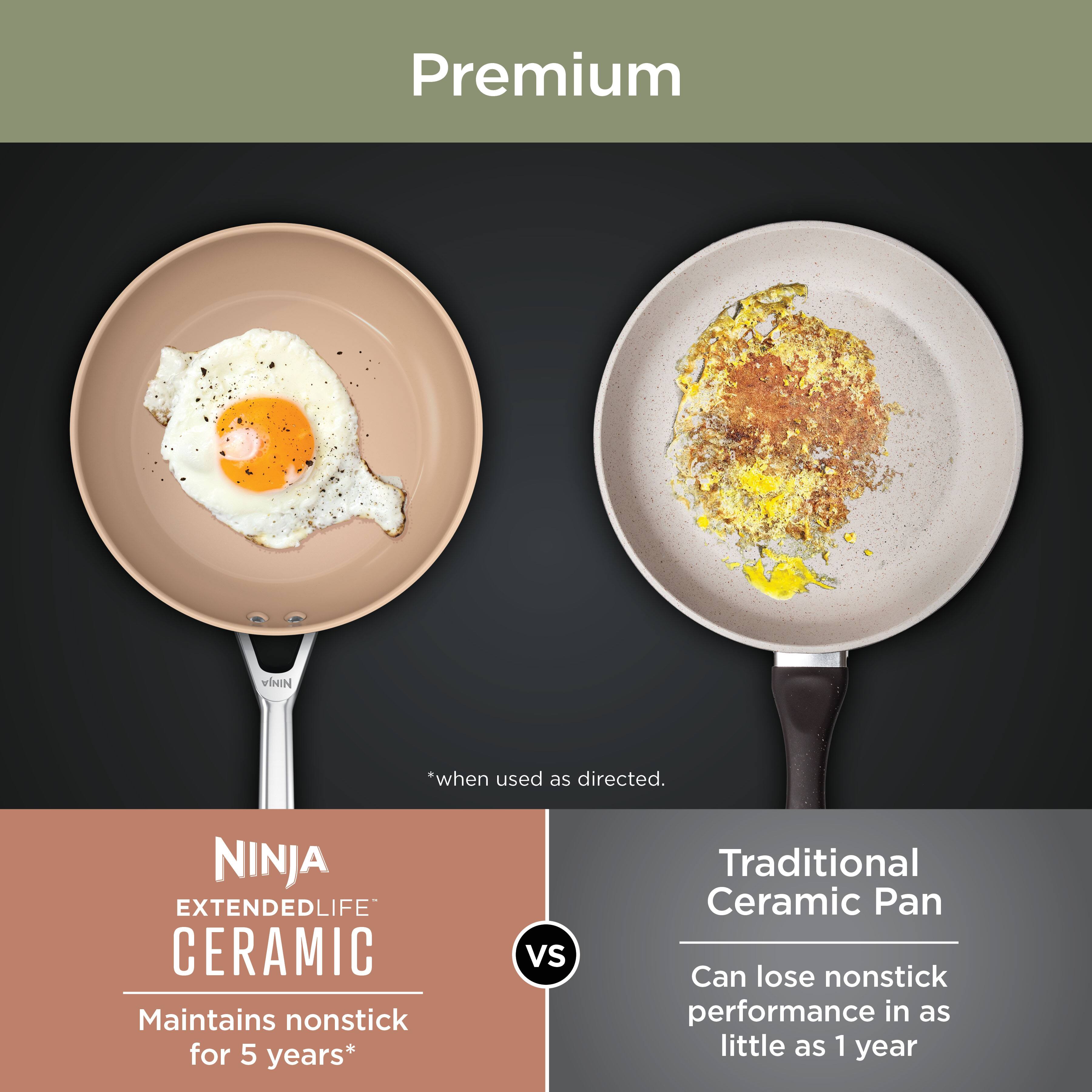 Premium

NINJA EXTENDED LIFE CERAMIC  
Maintains nonstick for 5 years*  
*when used as directed.

vs

Traditional Ceramic Pan  
Can lose nonstick performance in as little as 1 year