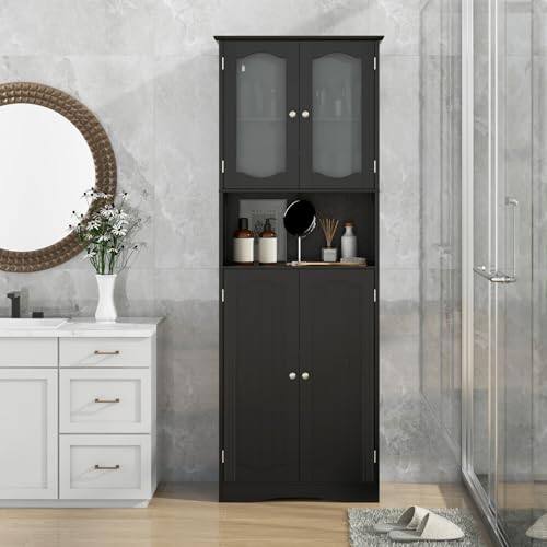 Alt View 1. Ecooso - 64.5 Inch Tall Bathroom Storage Cabinet with Frost Glass Doors and Multiple Shelves - Black.