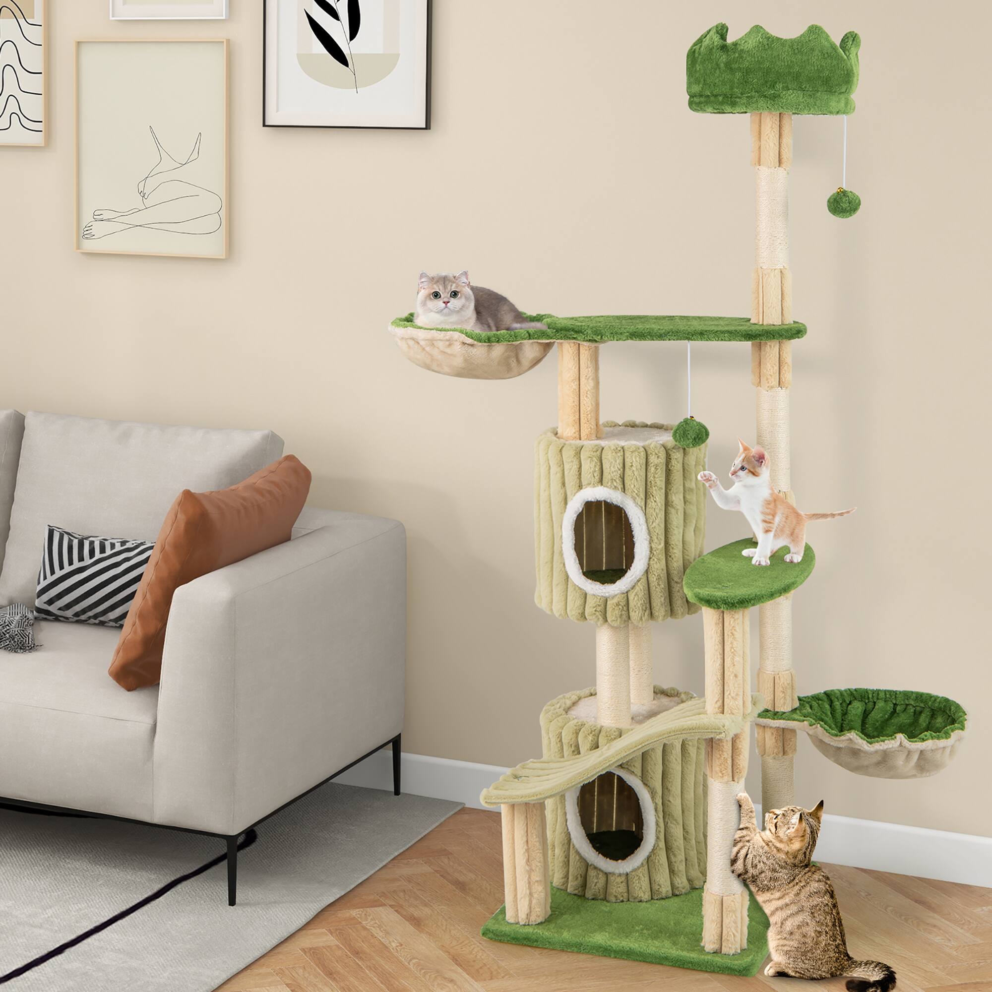 Alt View 1. Gymax - Gymax 63'' Tall Cat Tree w/ 2 Condos Plush Padded Top Perch 2 Hammocks 2 Dangling Balls Green.