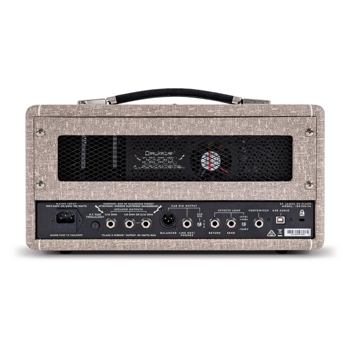 Sure, here is the corrected and grouped text from the image:

---

**Blackstar**

**100V/230V/110V/50/60Hz 185 WATTS**

**MAINS FUSE T3.15AL250V**

**ATTENTION: LECTRICITE DANGEREUSE**

**SPEAKER OUTPUTS**

**16Ω OR 4Ω 250W RMS**

**CLASS 2 VIBRO™ OUTPUT, 50 WATTS RMS**

**BALANCED LINE OUT**

**USB AUDIO**

**EFFECTS LOOP**

**FOOTSWITCH**

**LINE OUT**

**RETURN**

**SEND**

**PHONES**

**MODEL: 181007-VA**

**100V/230V/110V 50/60Hz 185 WATTS**

**ATTENTION: ELECTRICITE DANGEREUSE**

**SPEAKER OUTPUTS**

**16Ω OR 4Ω 250W RMS**

**CLASS 2 VIBRO™ OUTPUT, 50 WATTS RMS**

**BALANCED LINE OUT**

**USB