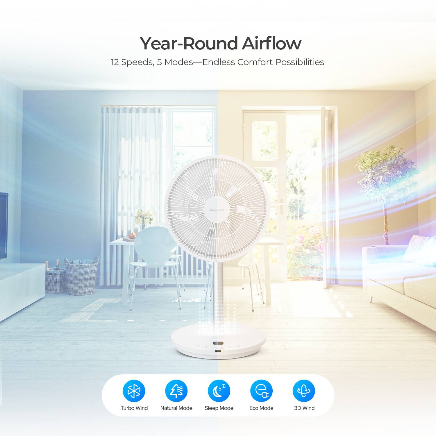 Year-Round Airflow  
12 Speeds, 5 Modes—Endless Comfort Possibilities  

- Turbo Wind  
- Natural Mode  
- Sleep Mode  
- Eco Mode  
- 3D Wind